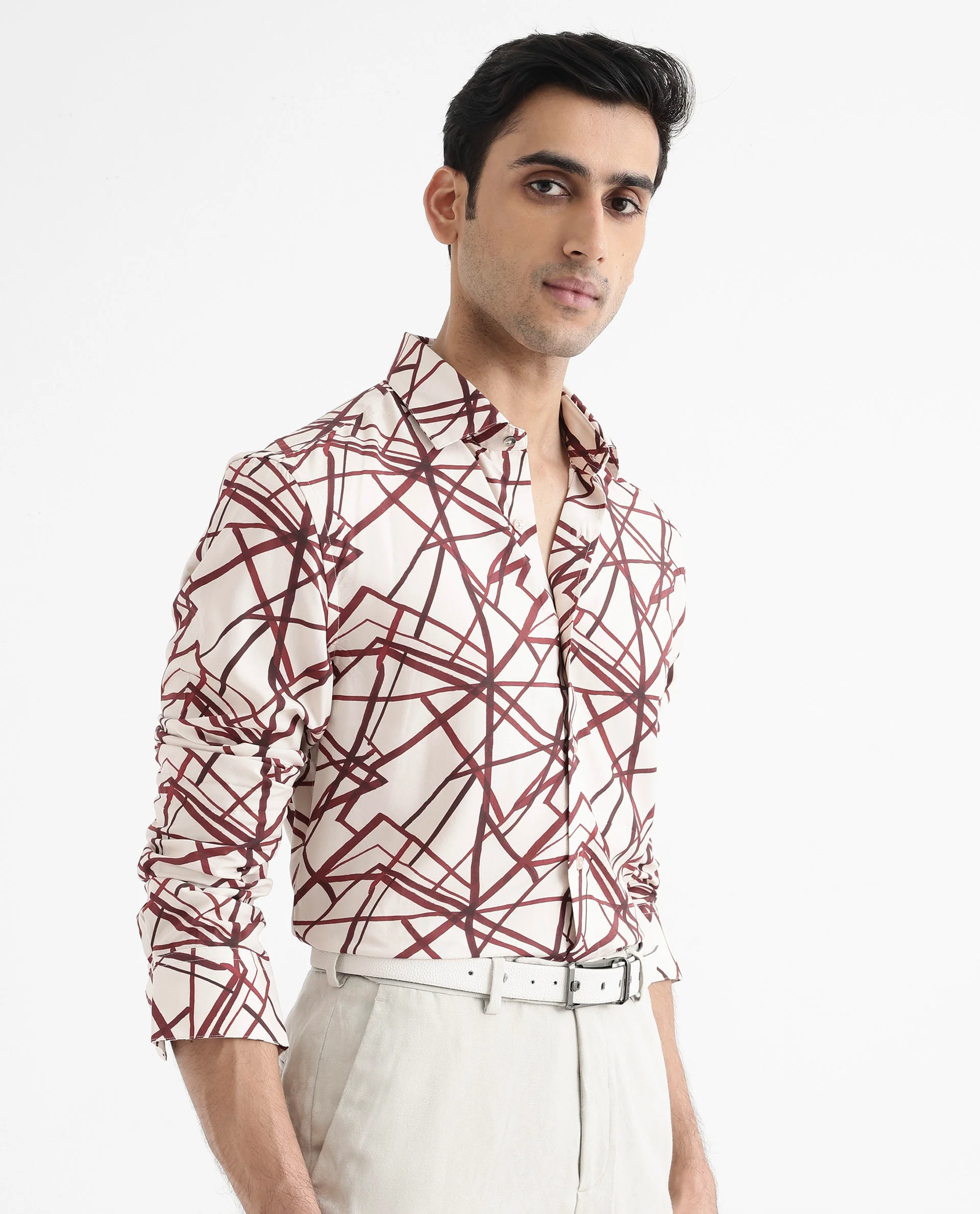 Rare Rabbit Men's Linden Beige Viscose Abstract Print Regular Fit Full Sleeve Collared Shirt - Image 7