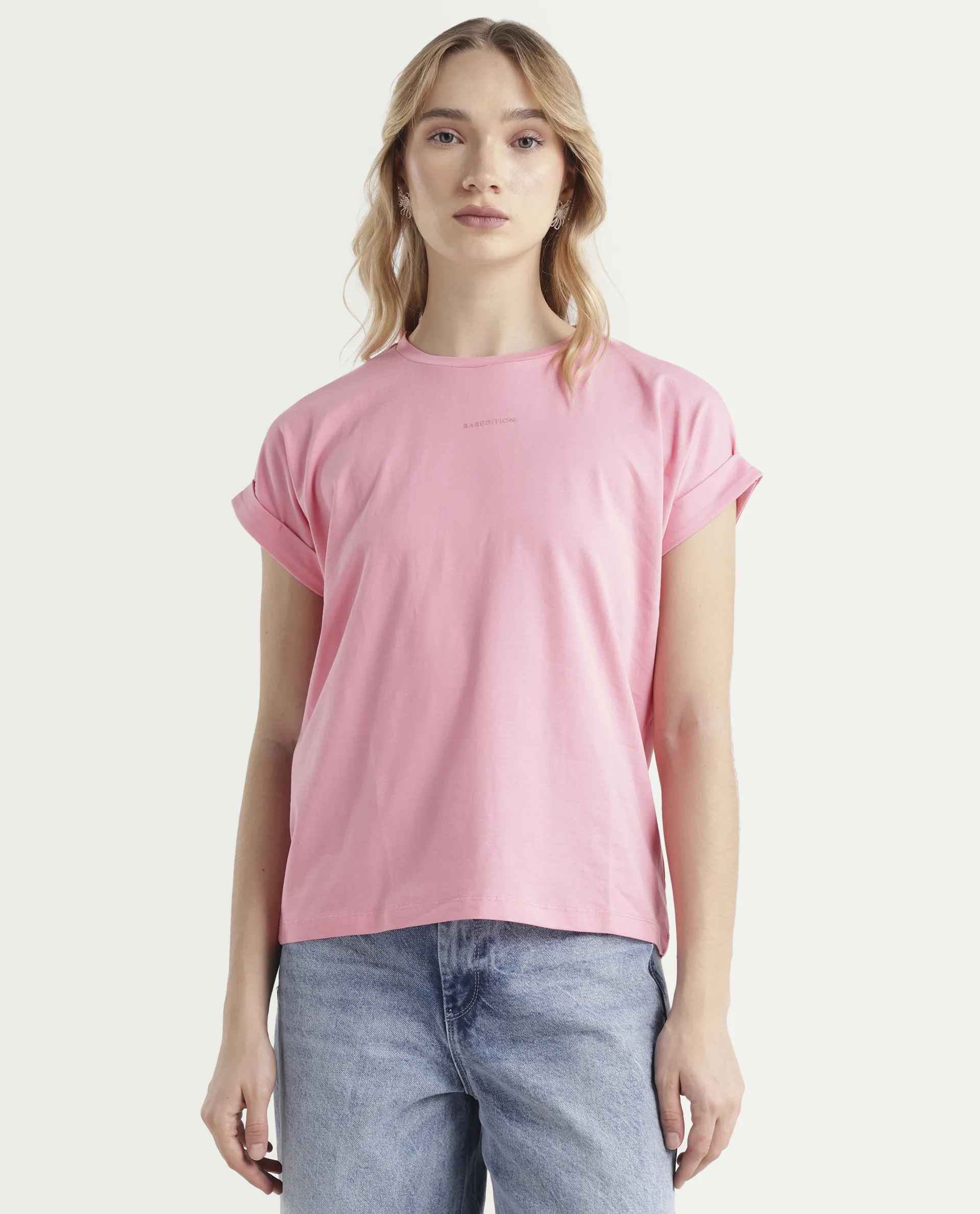 Rareism Women's Linden Light Pink Cotton Blend Crew Neck Typography Print Extended Sleeves Regular Fit T-Shirt - Image 3