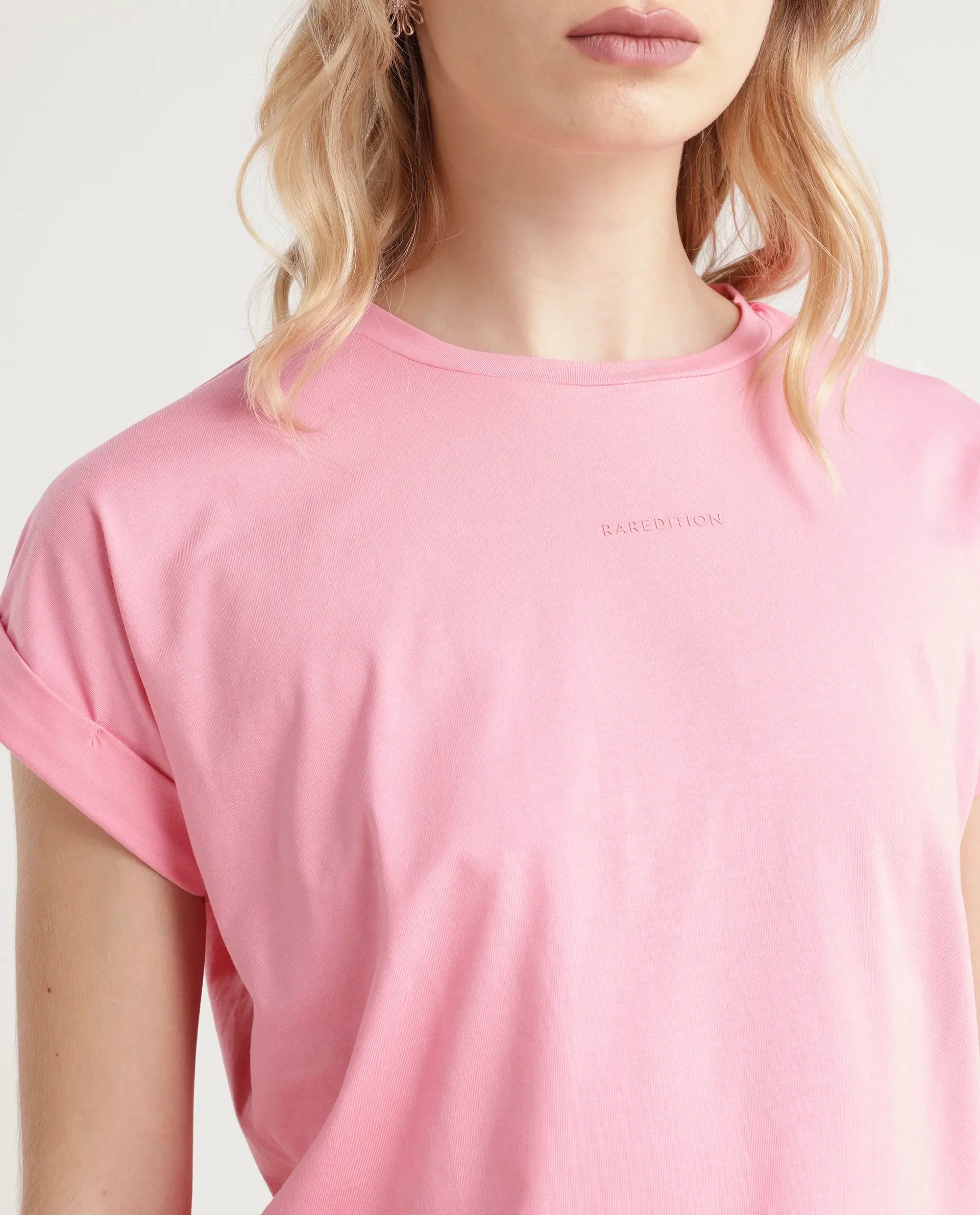 Rareism Women's Linden Light Pink Cotton Blend Crew Neck Typography Print Extended Sleeves Regular Fit T-Shirt - Image 4