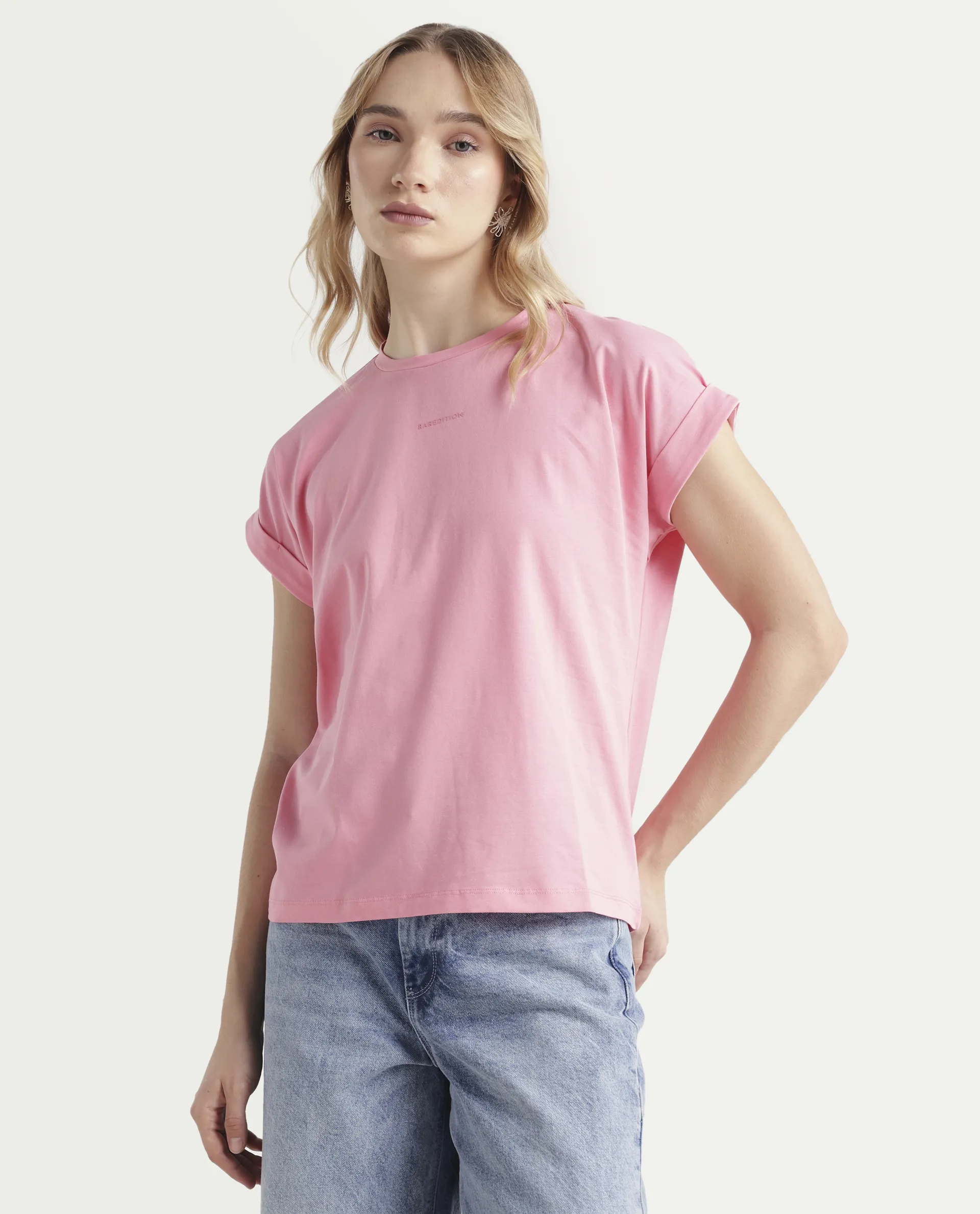 Rareism Women's Linden Light Pink Cotton Blend Crew Neck Typography Print Extended Sleeves Regular Fit T-Shirt - Image 5
