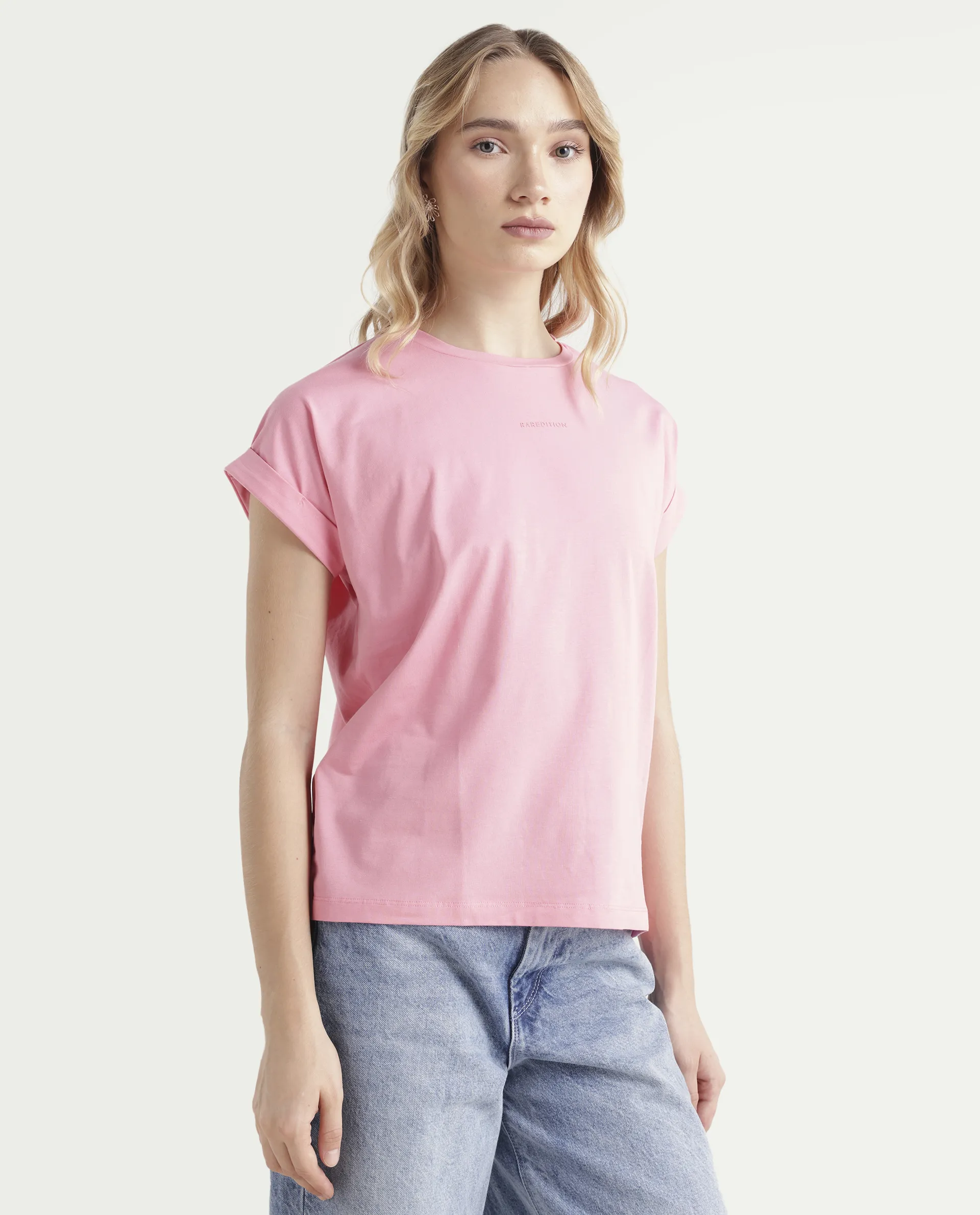 Rareism Women's Linden Light Pink Cotton Blend Crew Neck Typography Print Extended Sleeves Regular Fit T-Shirt - Image 6