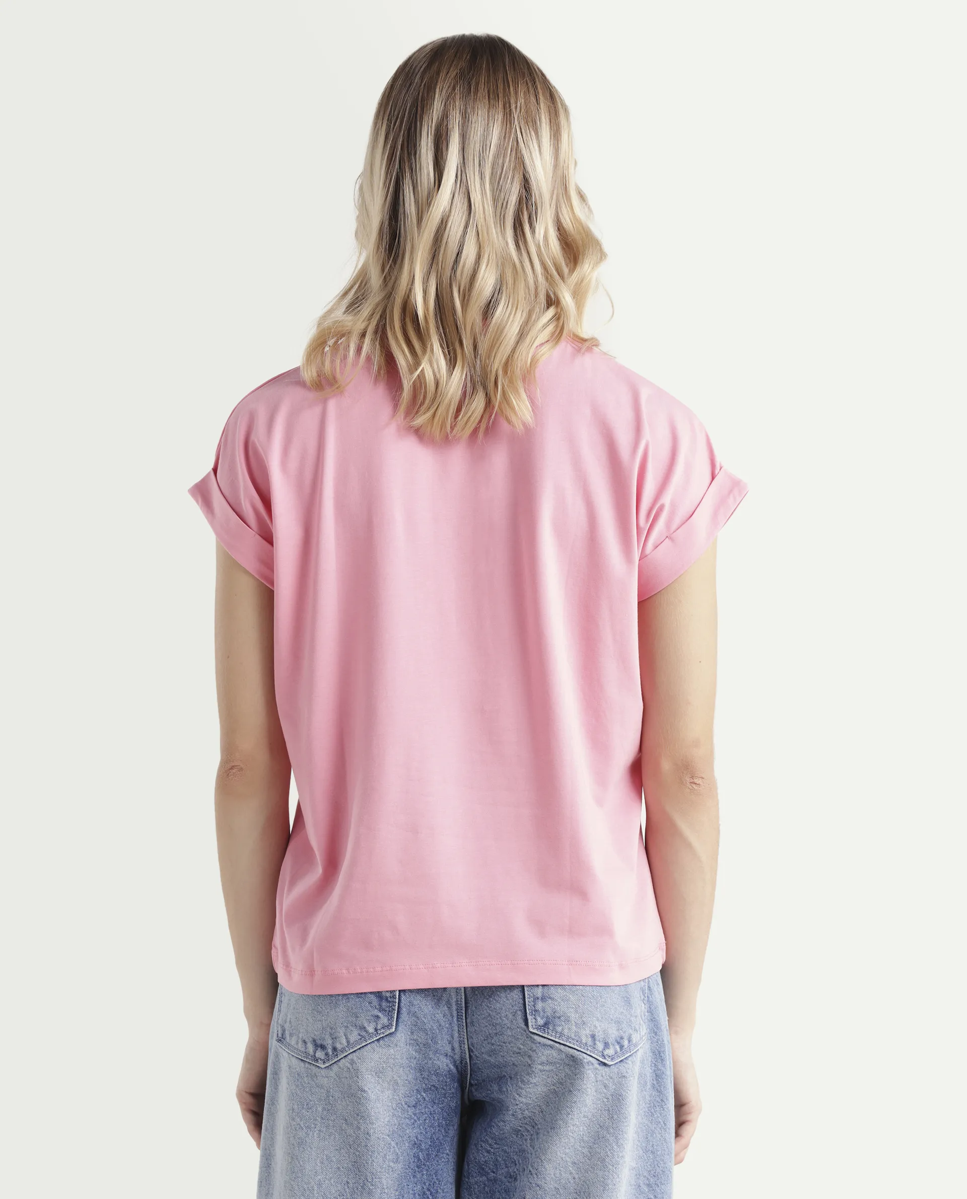 Rareism Women's Linden Light Pink Cotton Blend Crew Neck Typography Print Extended Sleeves Regular Fit T-Shirt - Image 7