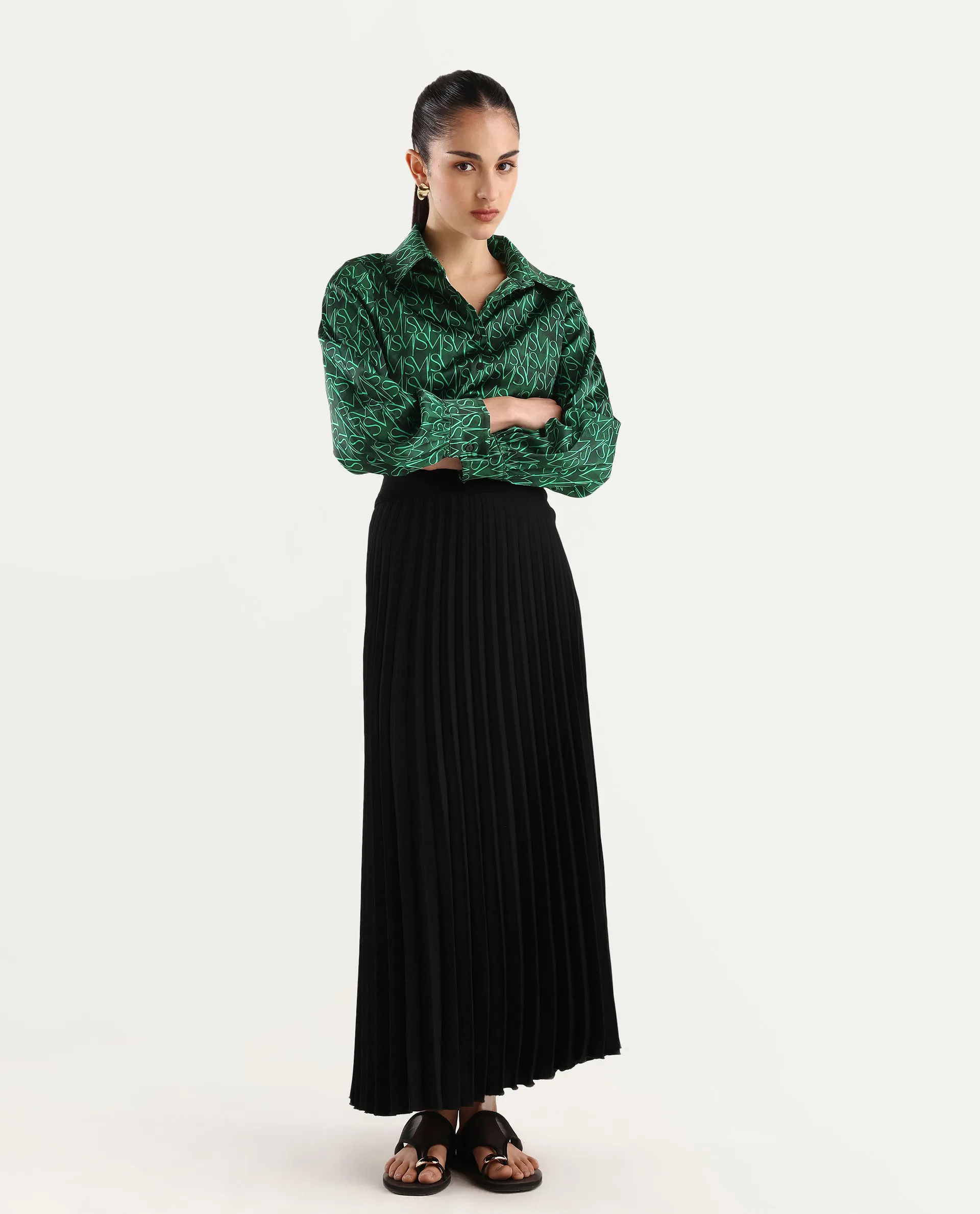 Rareism Women's Lindsay Dark Green Polyester Drop Collar Monogram Print Cuffed Sleeve Regular Fit Top - Image 2