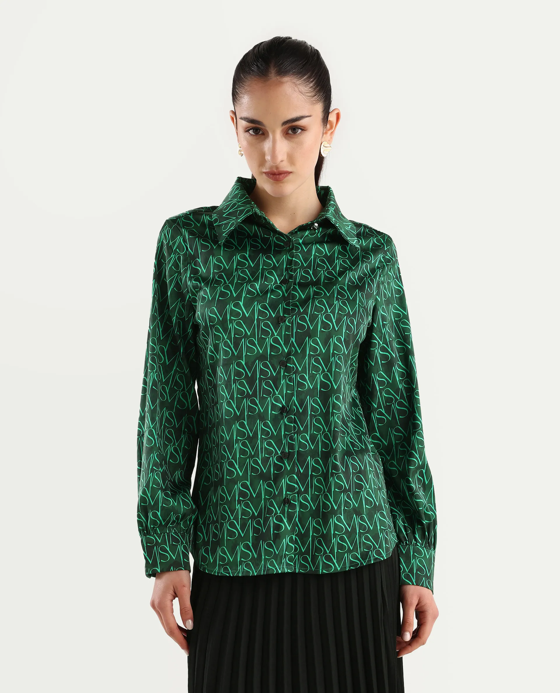 Rareism Women's Lindsay Dark Green Polyester Drop Collar Monogram Print Cuffed Sleeve Regular Fit Top - Image 3