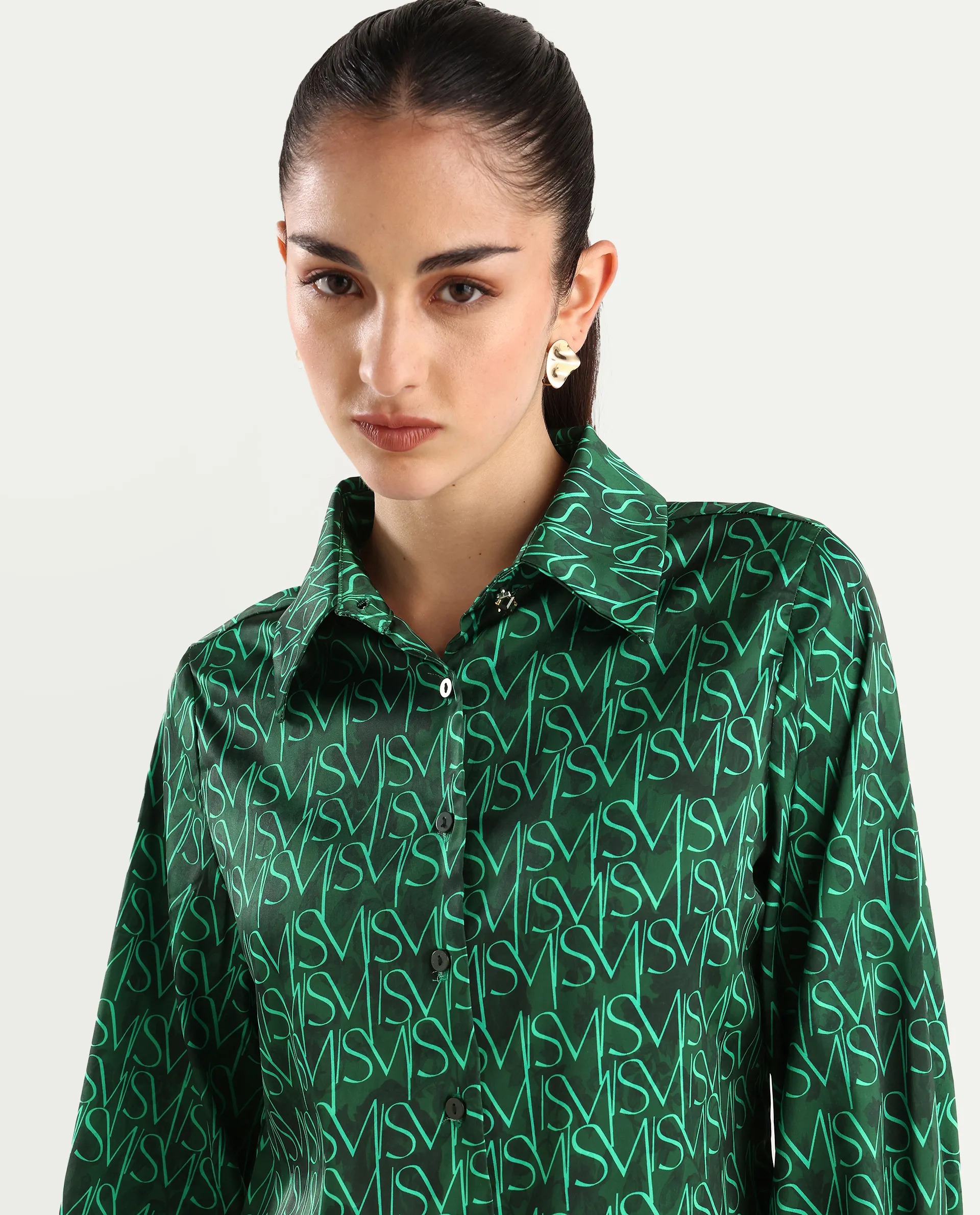 Rareism Women's Lindsay Dark Green Polyester Drop Collar Monogram Print Cuffed Sleeve Regular Fit Top - Image 4