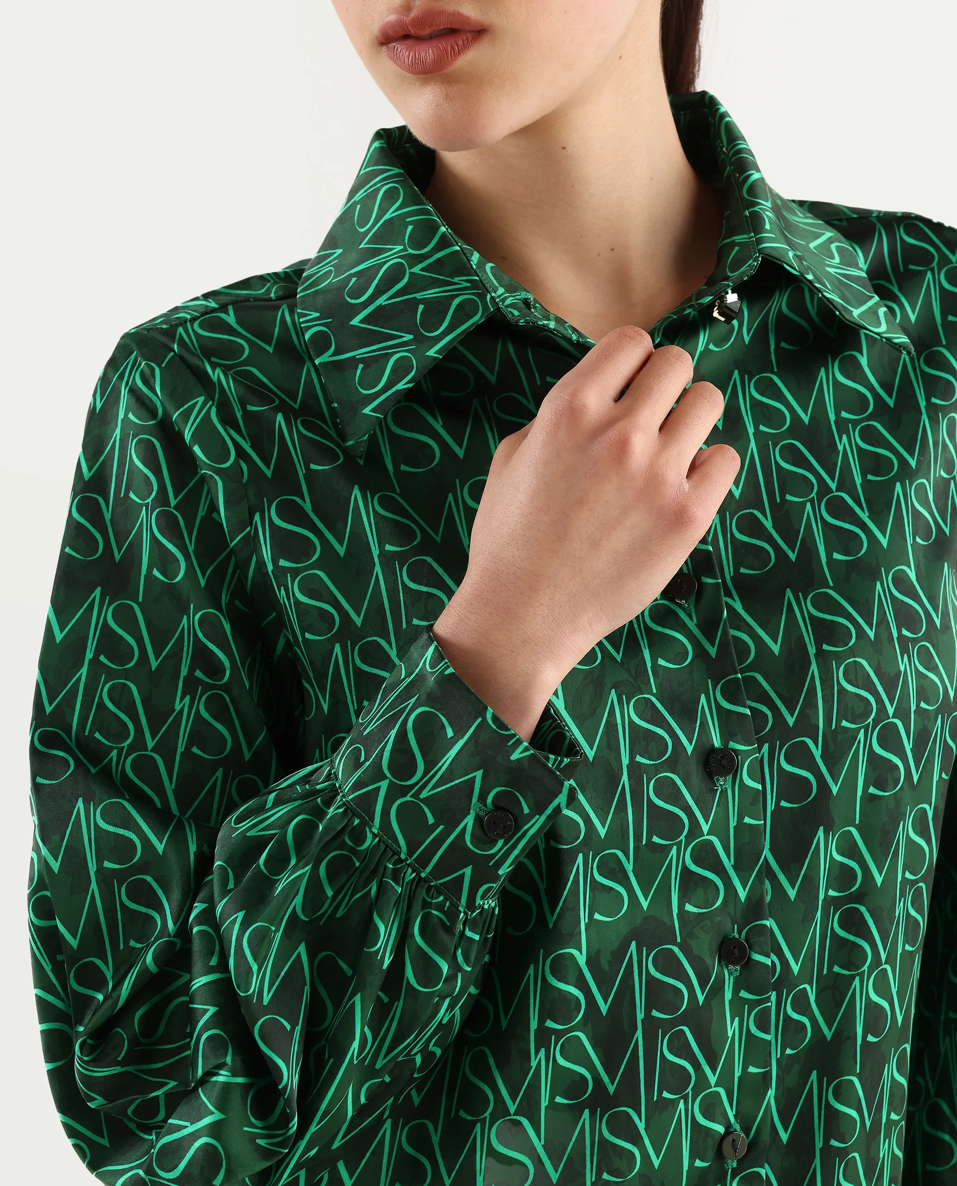 Rareism Women's Lindsay Dark Green Polyester Drop Collar Monogram Print Cuffed Sleeve Regular Fit Top - Image 5