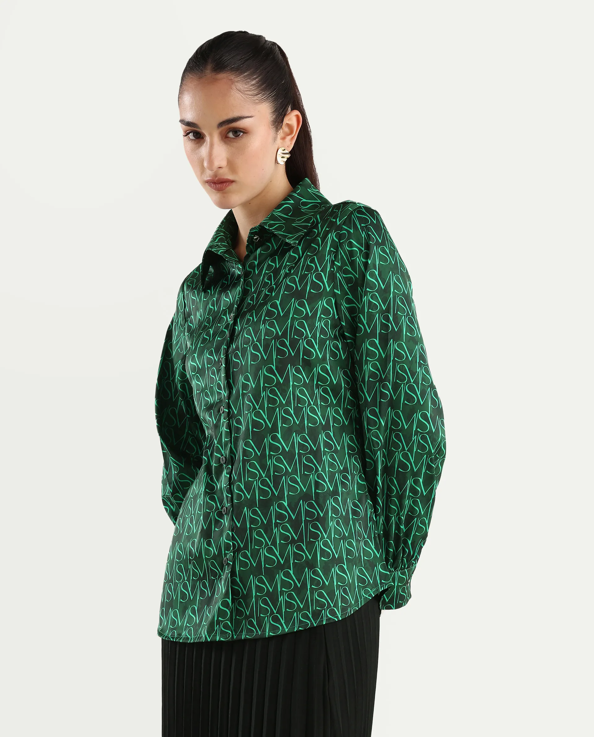 Rareism Women's Lindsay Dark Green Polyester Drop Collar Monogram Print Cuffed Sleeve Regular Fit Top - Image 6