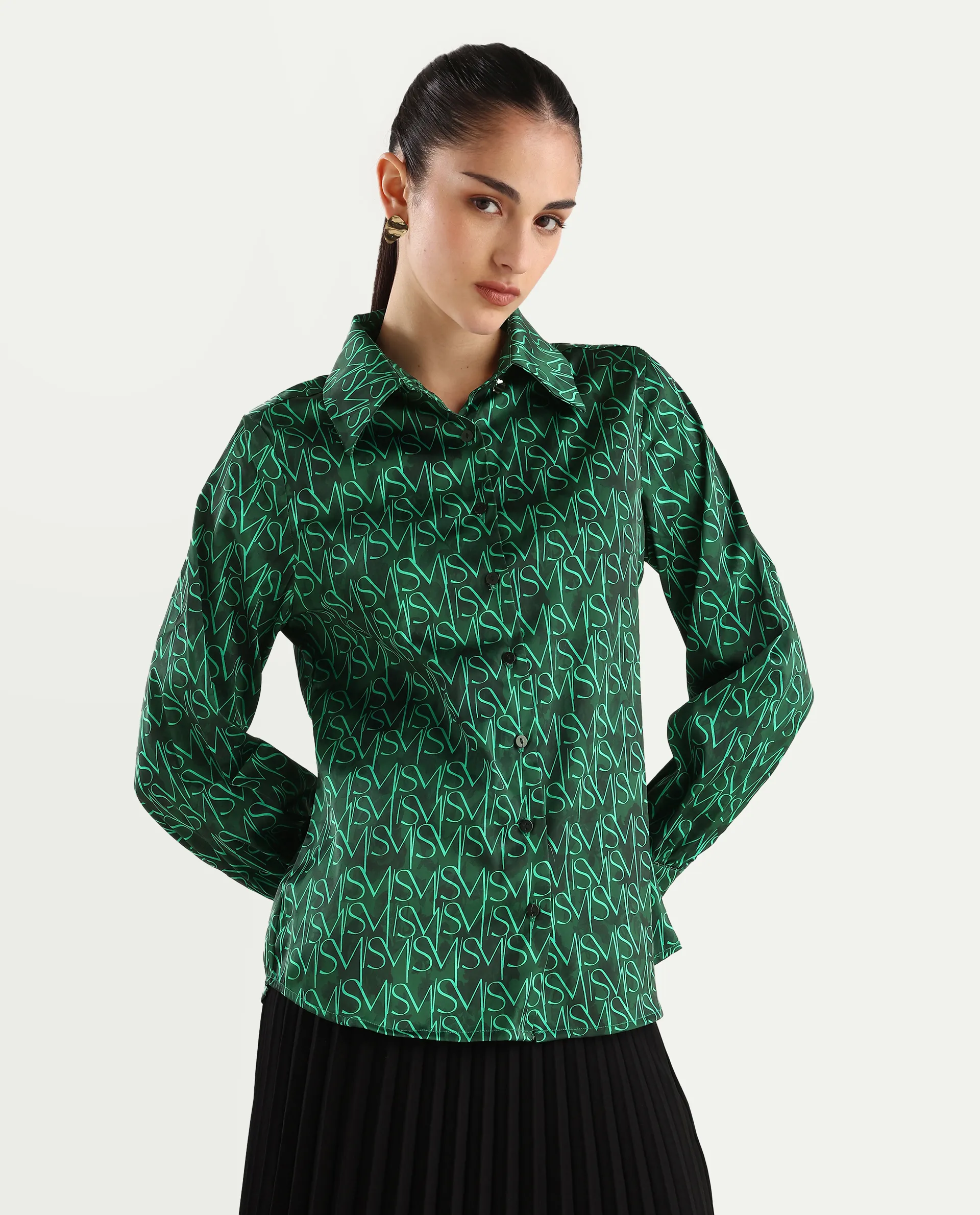 Rareism Women's Lindsay Dark Green Polyester Drop Collar Monogram Print Cuffed Sleeve Regular Fit Top - Image 7