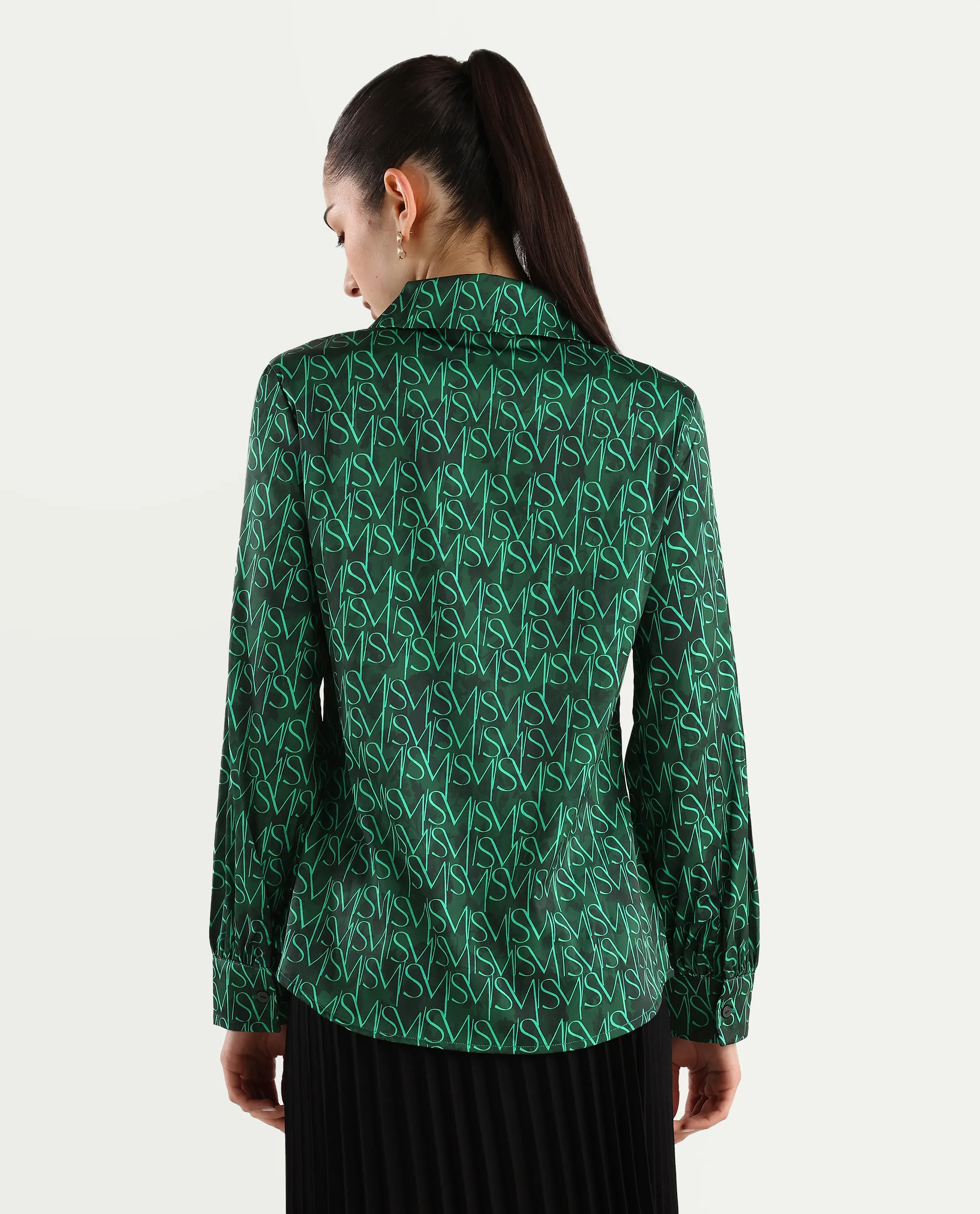 Rareism Women's Lindsay Dark Green Polyester Drop Collar Monogram Print Cuffed Sleeve Regular Fit Top - Image 8