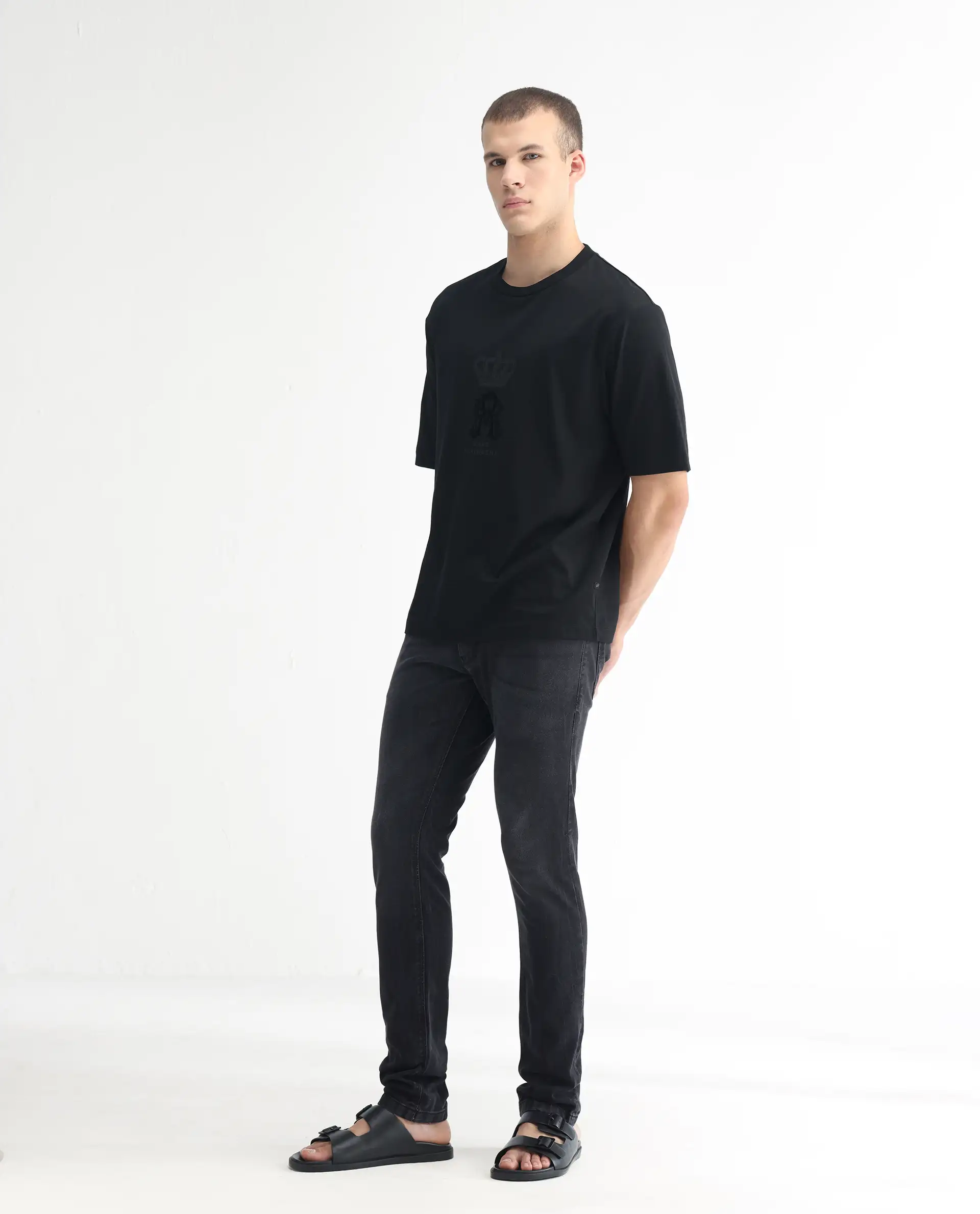 Rare Rabbit Men's Linea Black Cotton Plain Hawk Slim Fit Jeans - Image 4