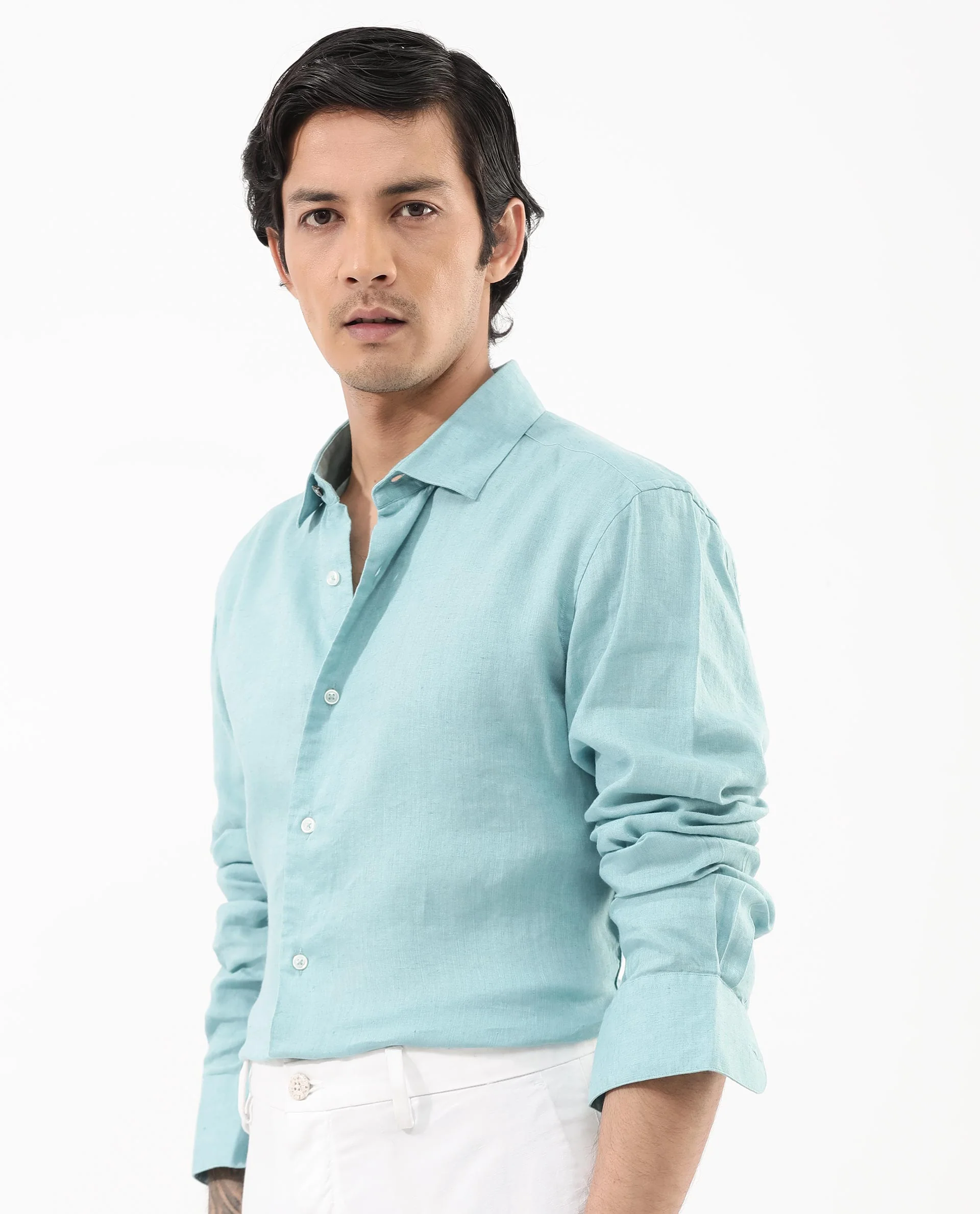 Rare Rabbit Men's Linex-1 Flouroscent Blue Linen Plain Regular Fit Full Sleeve Collared Shirt - Image 10