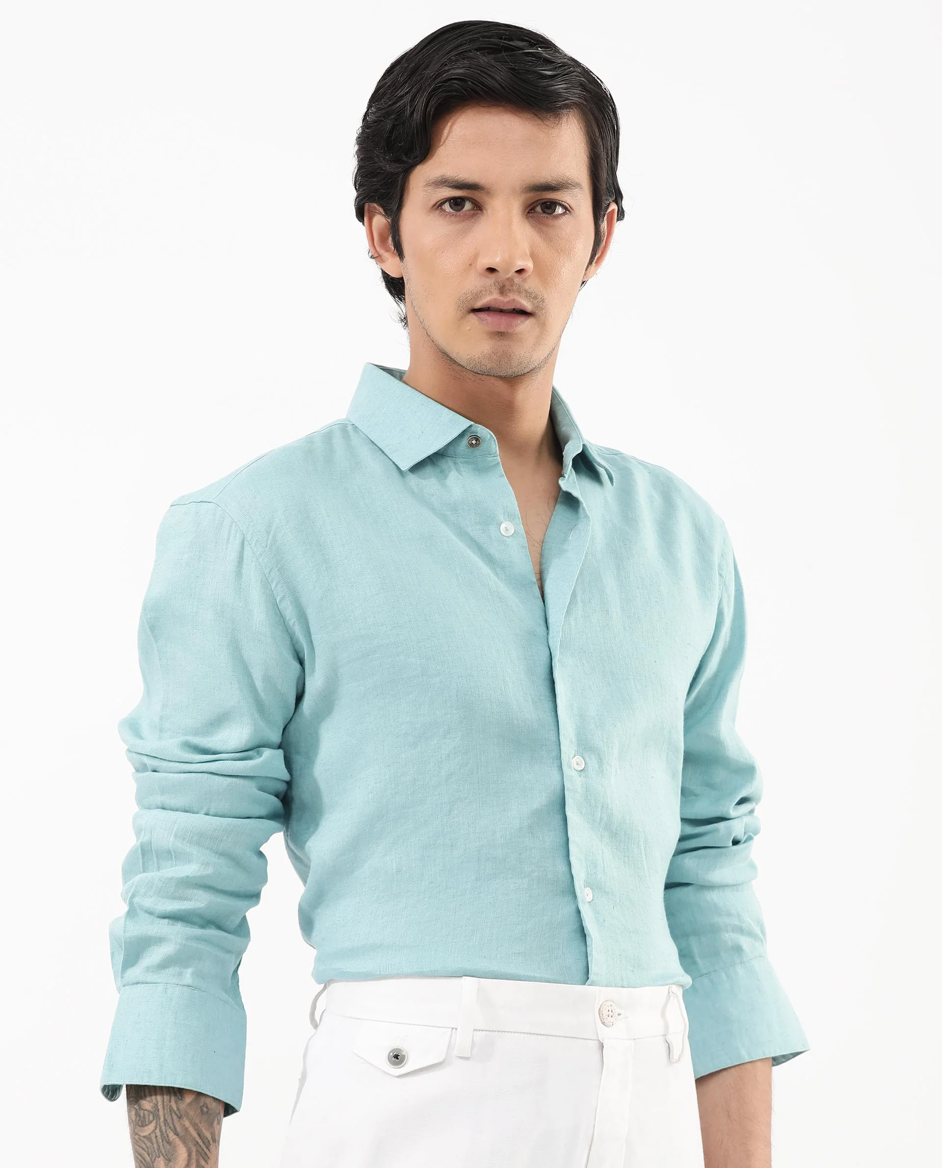 Rare Rabbit Men's Linex-1 Flouroscent Blue Linen Plain Regular Fit Full Sleeve Collared Shirt - Image 2