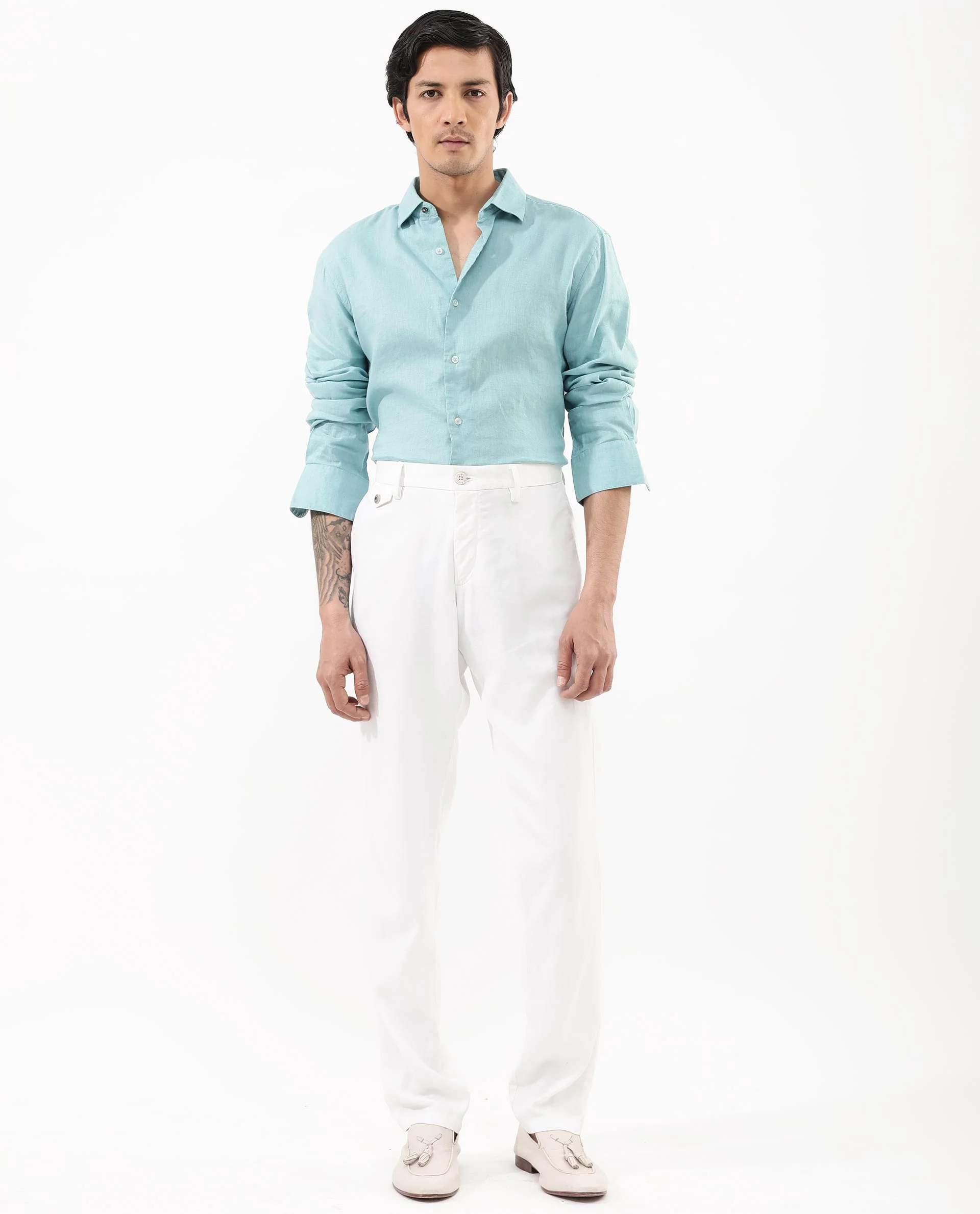 Rare Rabbit Men's Linex-1 Flouroscent Blue Linen Plain Regular Fit Full Sleeve Collared Shirt - Image 3