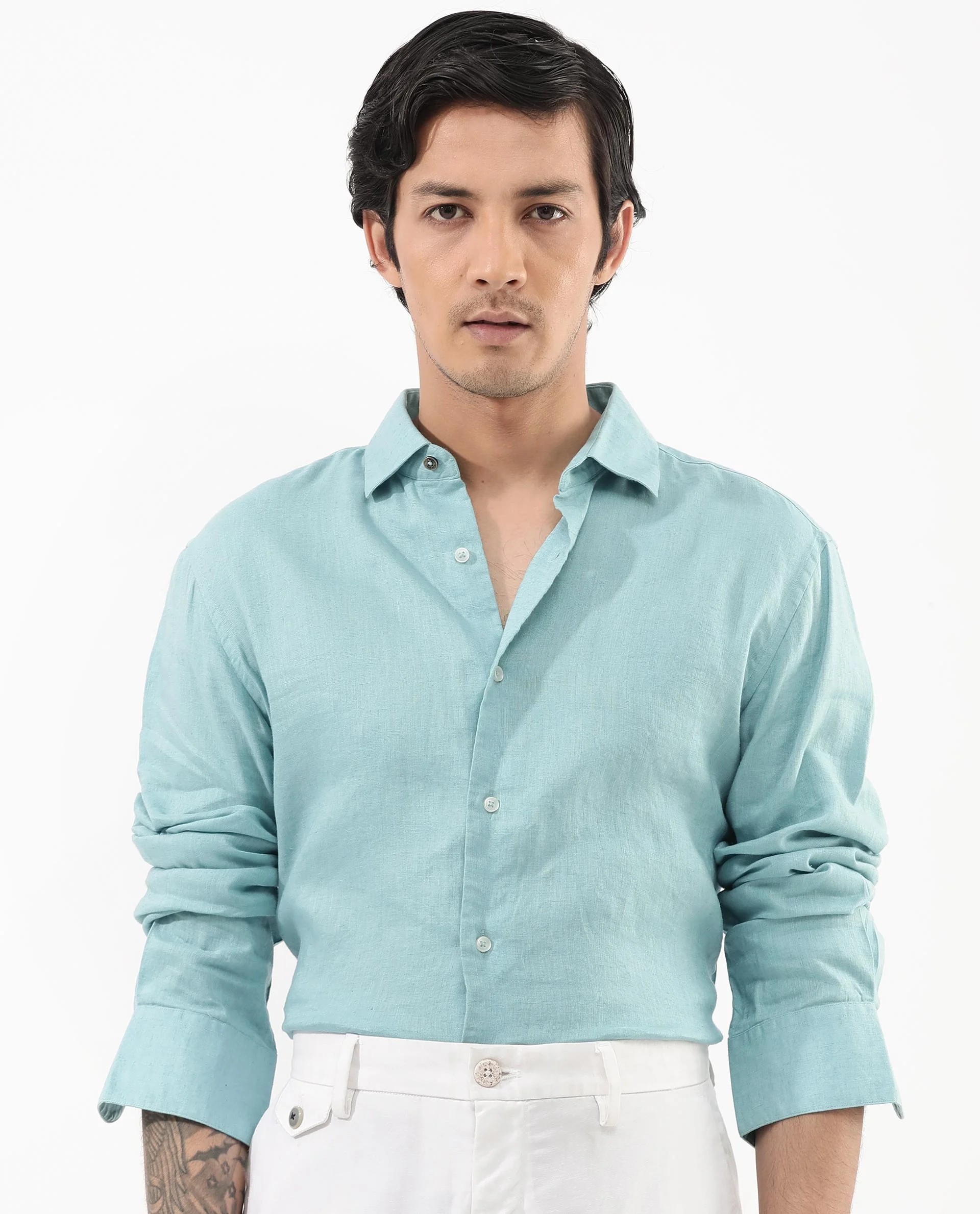 Rare Rabbit Men's Linex-1 Flouroscent Blue Linen Plain Regular Fit Full Sleeve Collared Shirt - Image 4