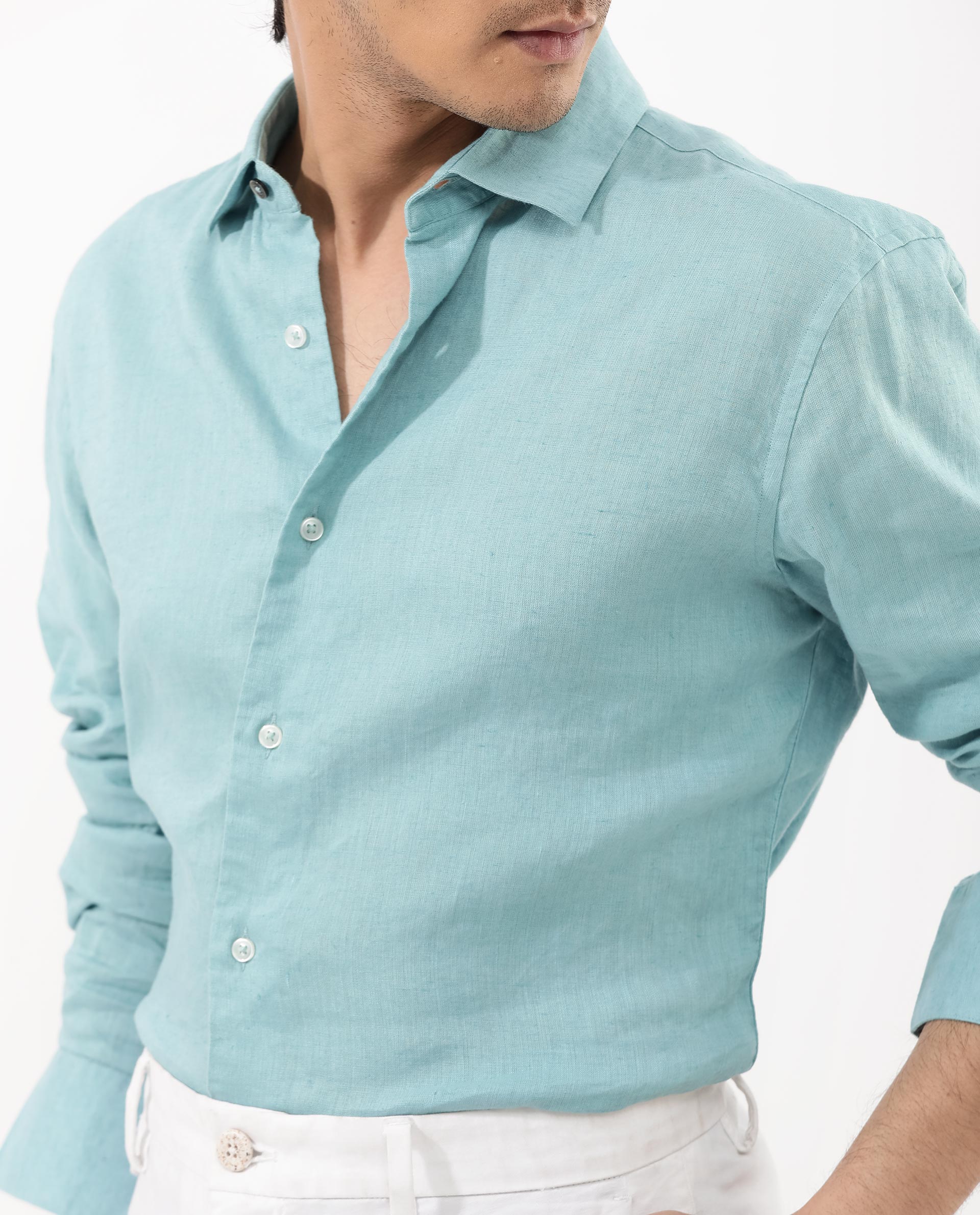 Rare Rabbit Men's Linex-1 Flouroscent Blue Linen Plain Regular Fit Full Sleeve Collared Shirt - Image 6