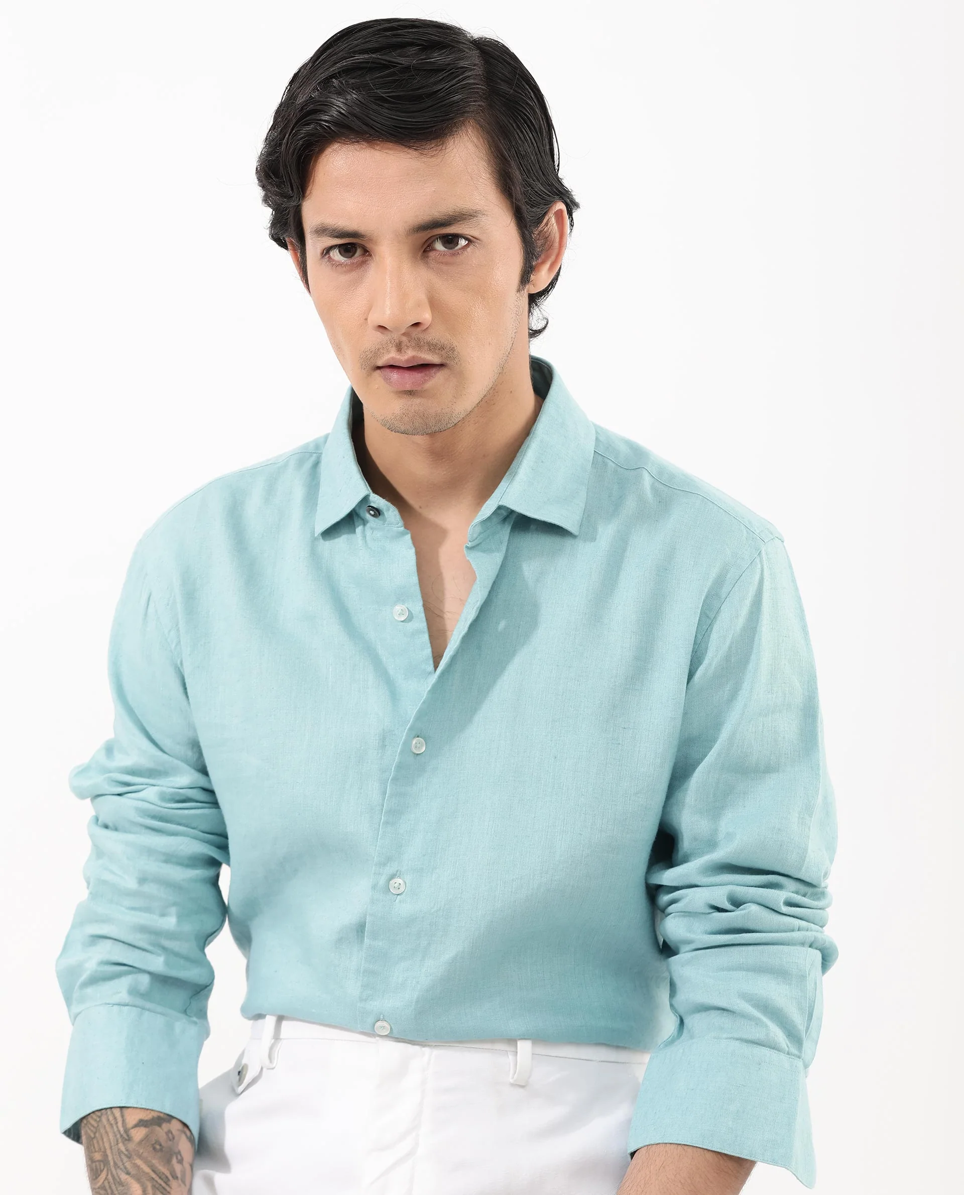 Rare Rabbit Men's Linex-1 Flouroscent Blue Linen Plain Regular Fit Full Sleeve Collared Shirt - Image 7