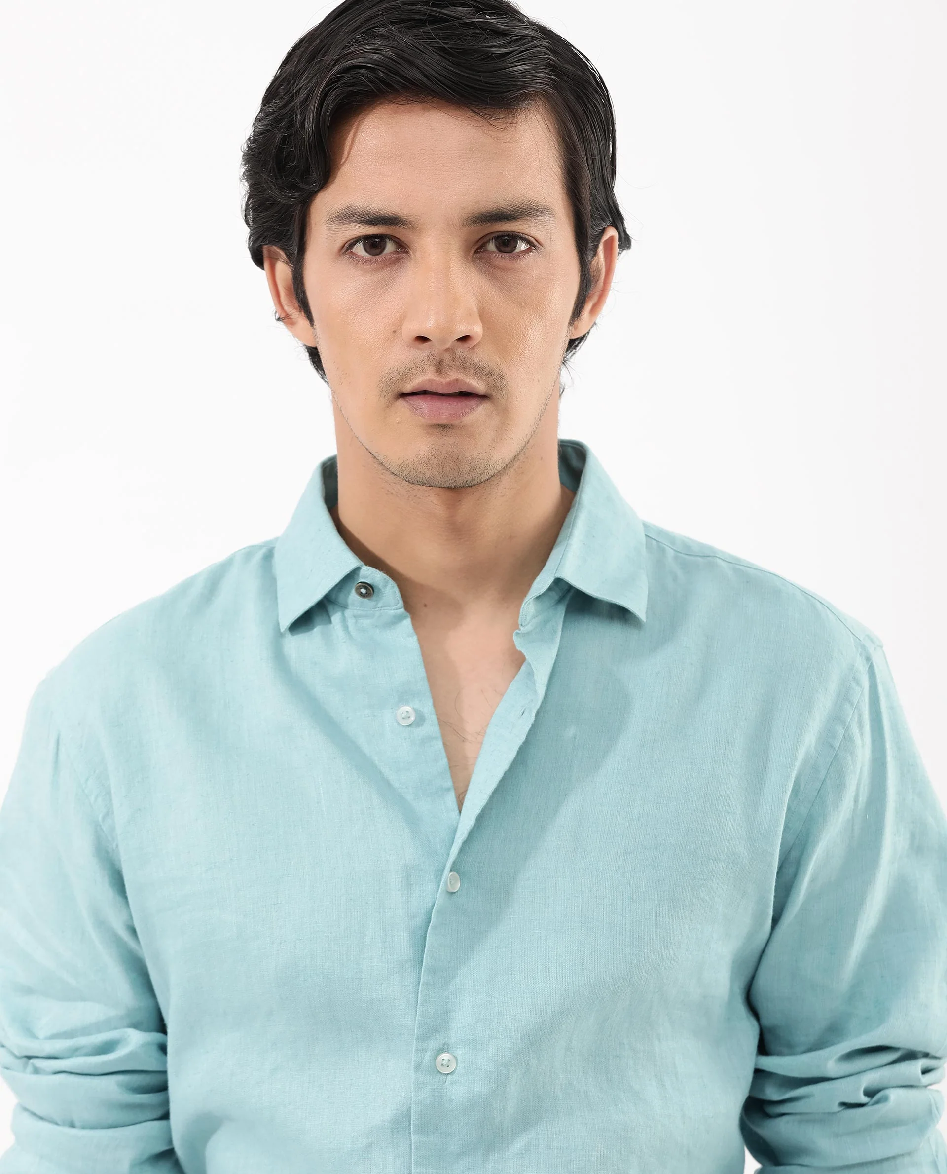 Rare Rabbit Men's Linex-1 Flouroscent Blue Linen Plain Regular Fit Full Sleeve Collared Shirt - Image 9