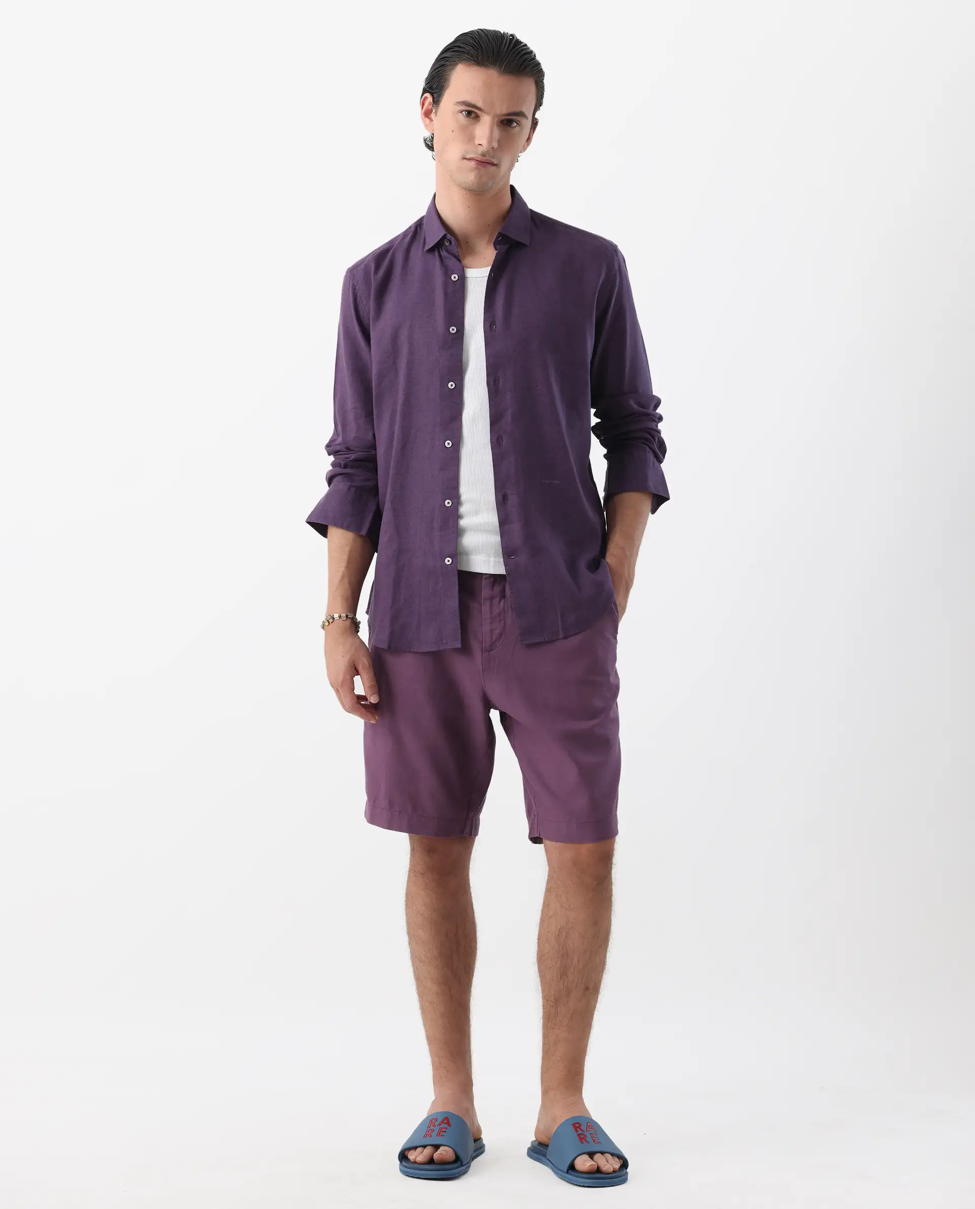 Rare Rabbit Men's Linex-1 Purple 100% Linen Plain Regular Fit Full Sleeve Collared Shirt - Image 2