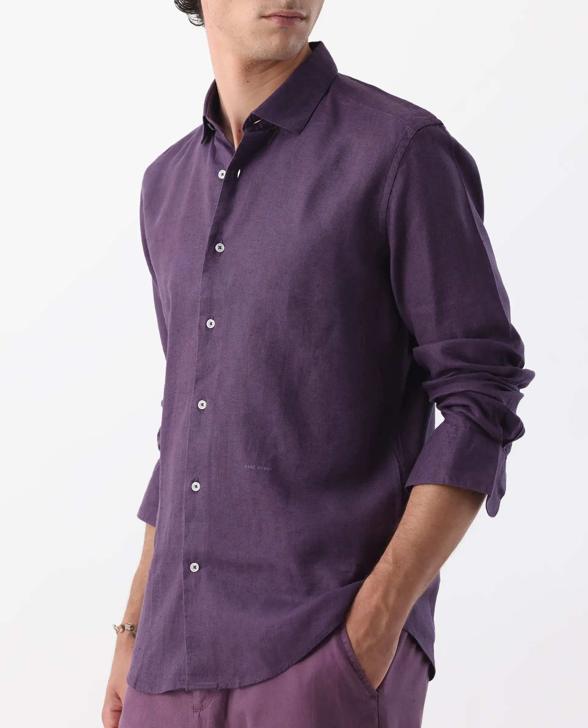 Rare Rabbit Men's Linex-1 Purple 100% Linen Plain Regular Fit Full Sleeve Collared Shirt - Image 3