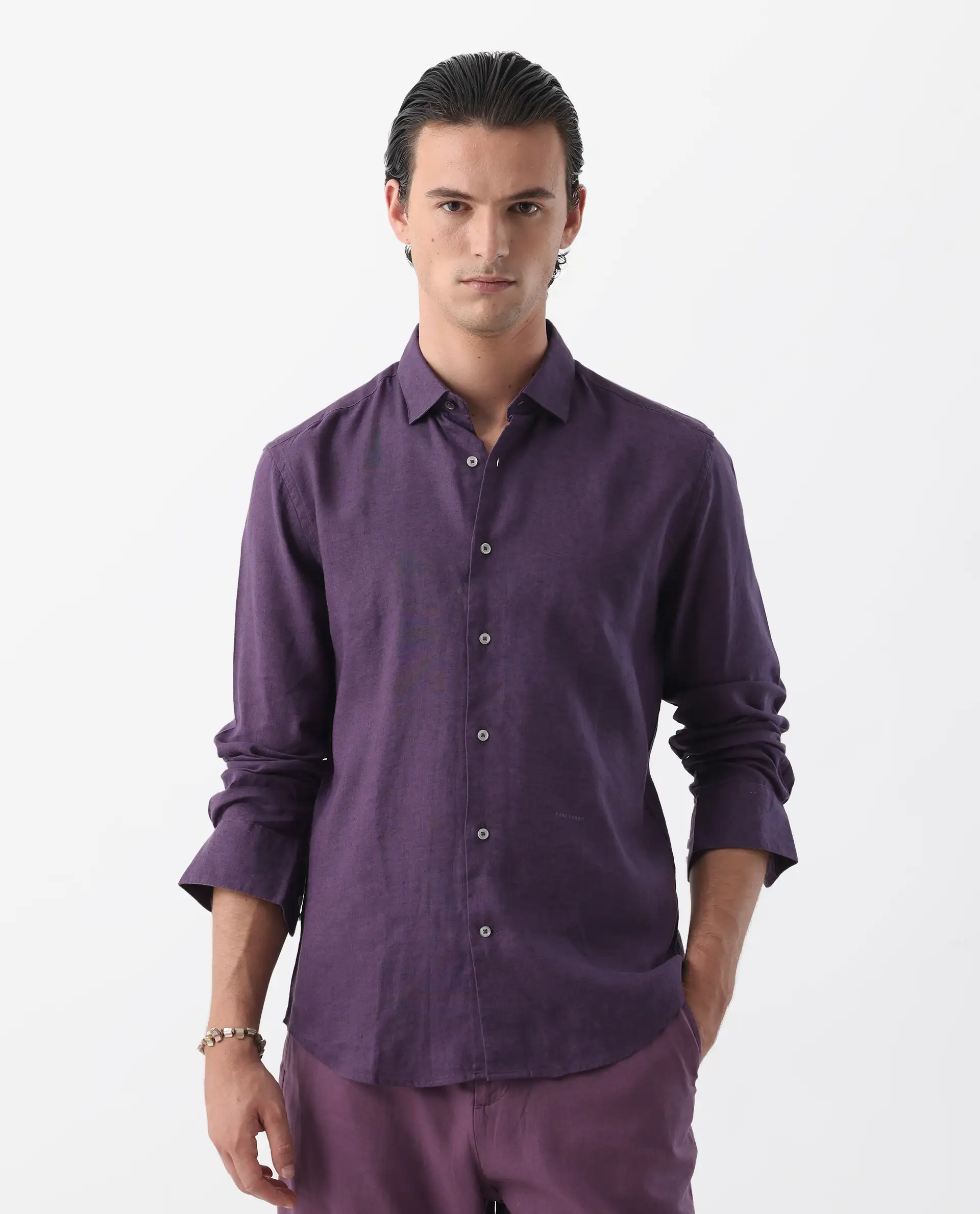 Rare Rabbit Men's Linex-1 Purple 100% Linen Plain Regular Fit Full Sleeve Collared Shirt - Image 5