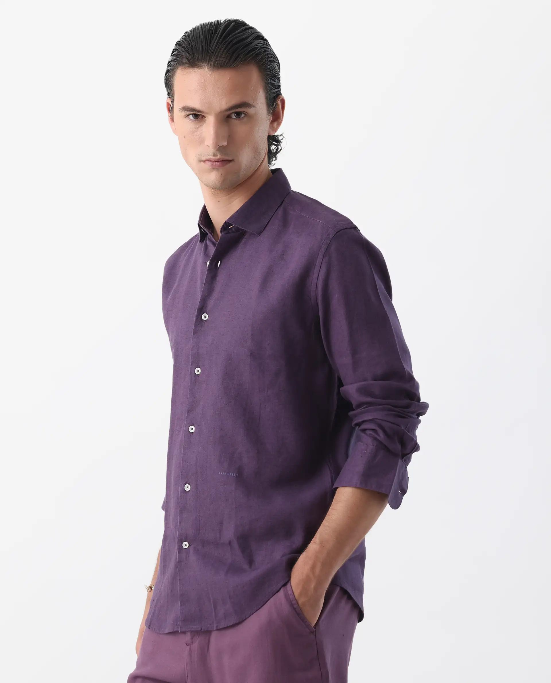 Rare Rabbit Men's Linex-1 Purple 100% Linen Plain Regular Fit Full Sleeve Collared Shirt - Image 6