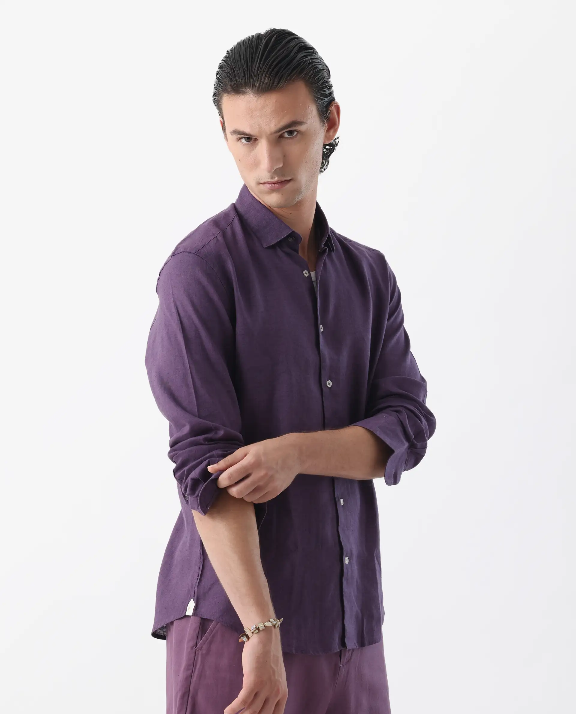 Rare Rabbit Men's Linex-1 Purple 100% Linen Plain Regular Fit Full Sleeve Collared Shirt - Image 7