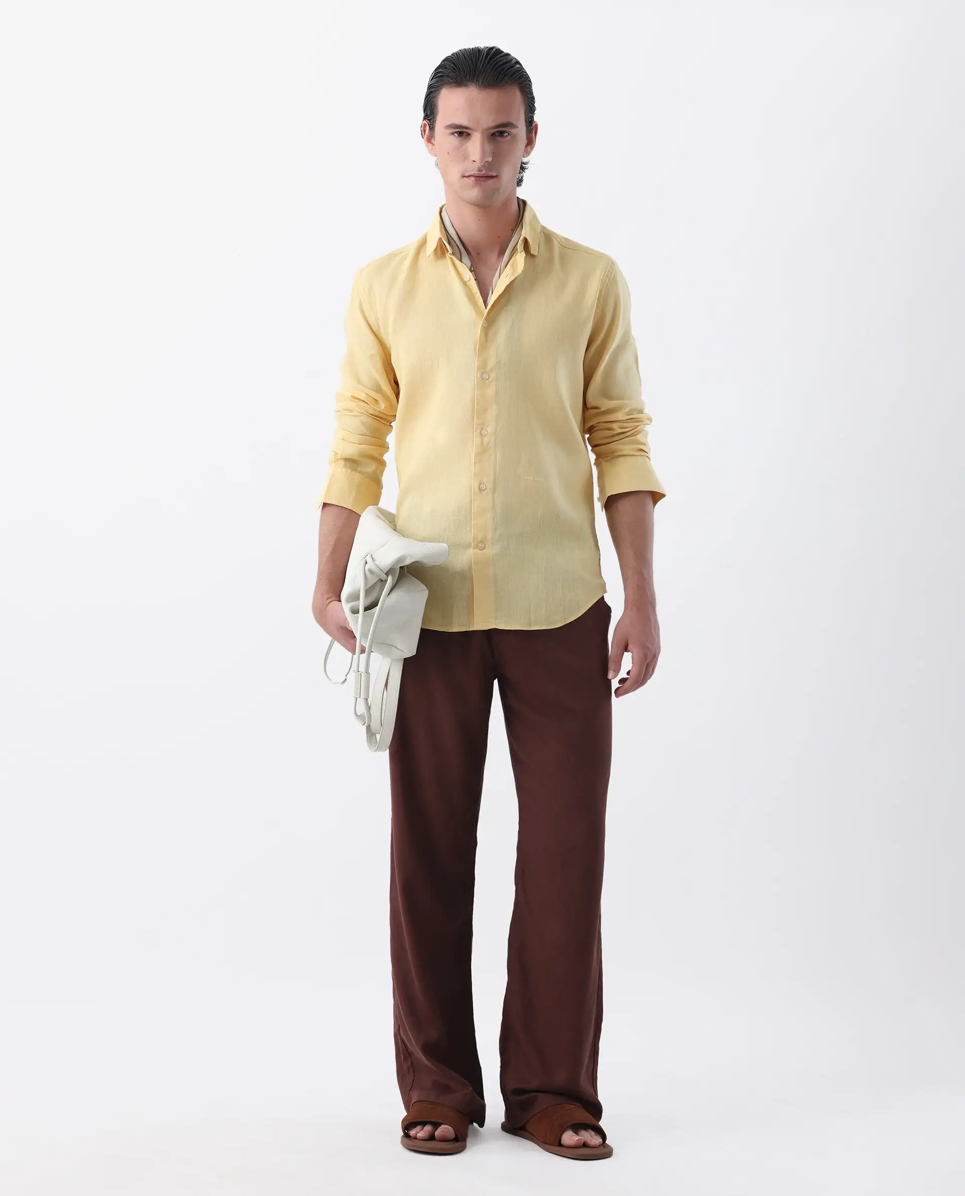 Rare Rabbit Men's Linex-1 Yellow 100% Linen Plain Regular Fit Full Sleeve Collared Shirt - Image 2