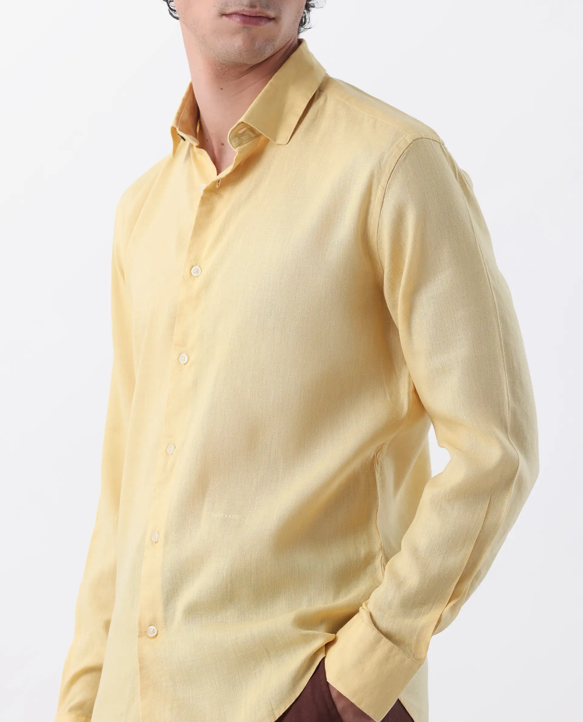 Rare Rabbit Men's Linex-1 Yellow 100% Linen Plain Regular Fit Full Sleeve Collared Shirt - Image 3