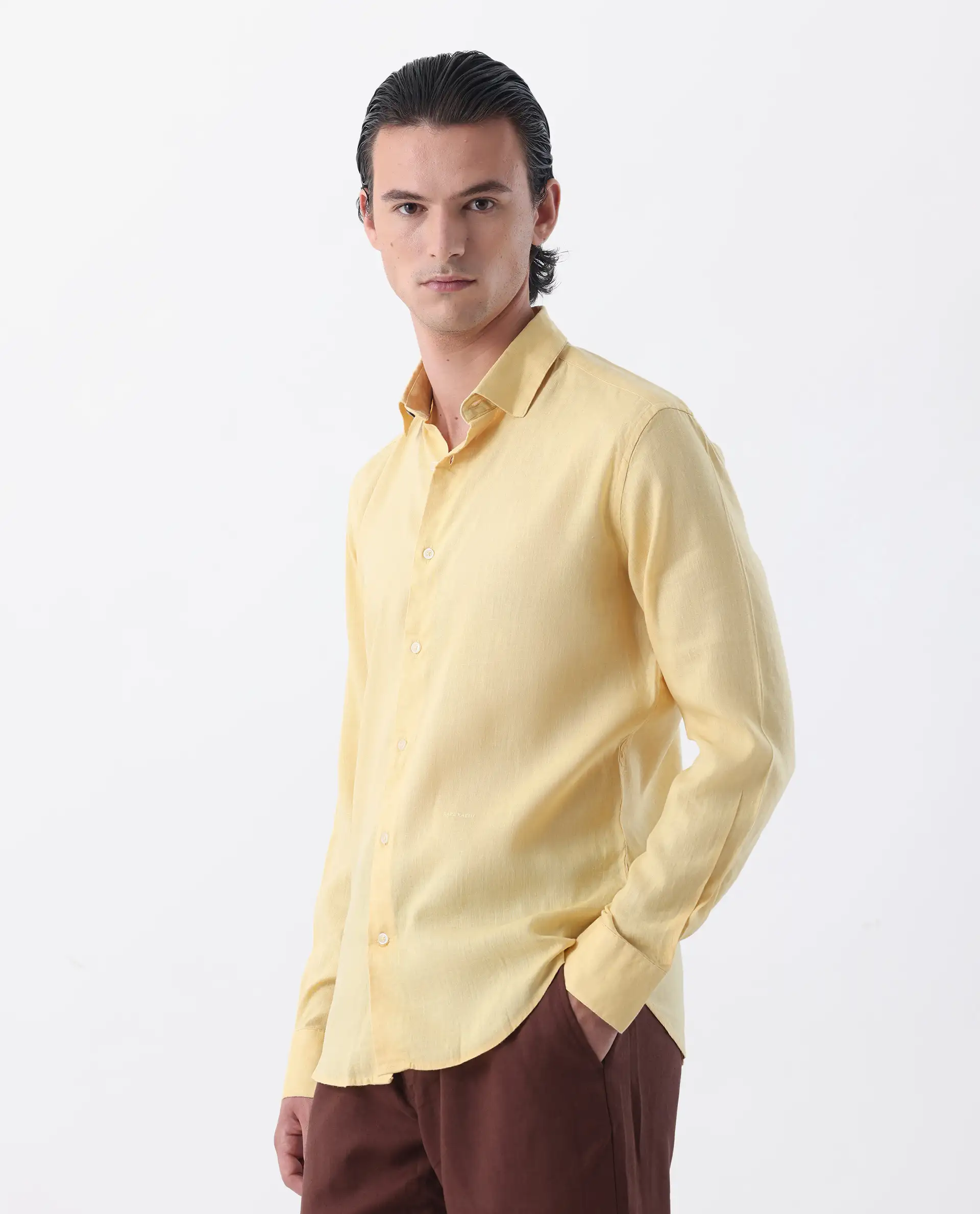 Rare Rabbit Men's Linex-1 Yellow 100% Linen Plain Regular Fit Full Sleeve Collared Shirt - Image 5