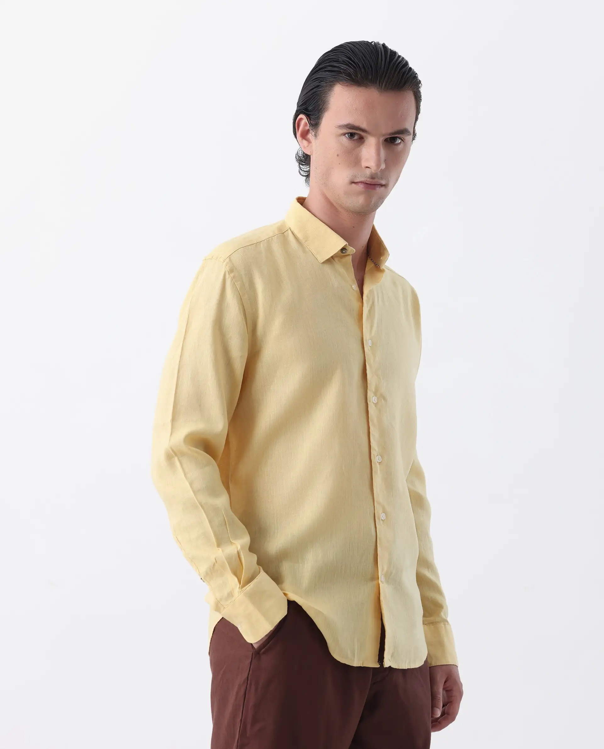 Rare Rabbit Men's Linex-1 Yellow 100% Linen Plain Regular Fit Full Sleeve Collared Shirt - Image 6