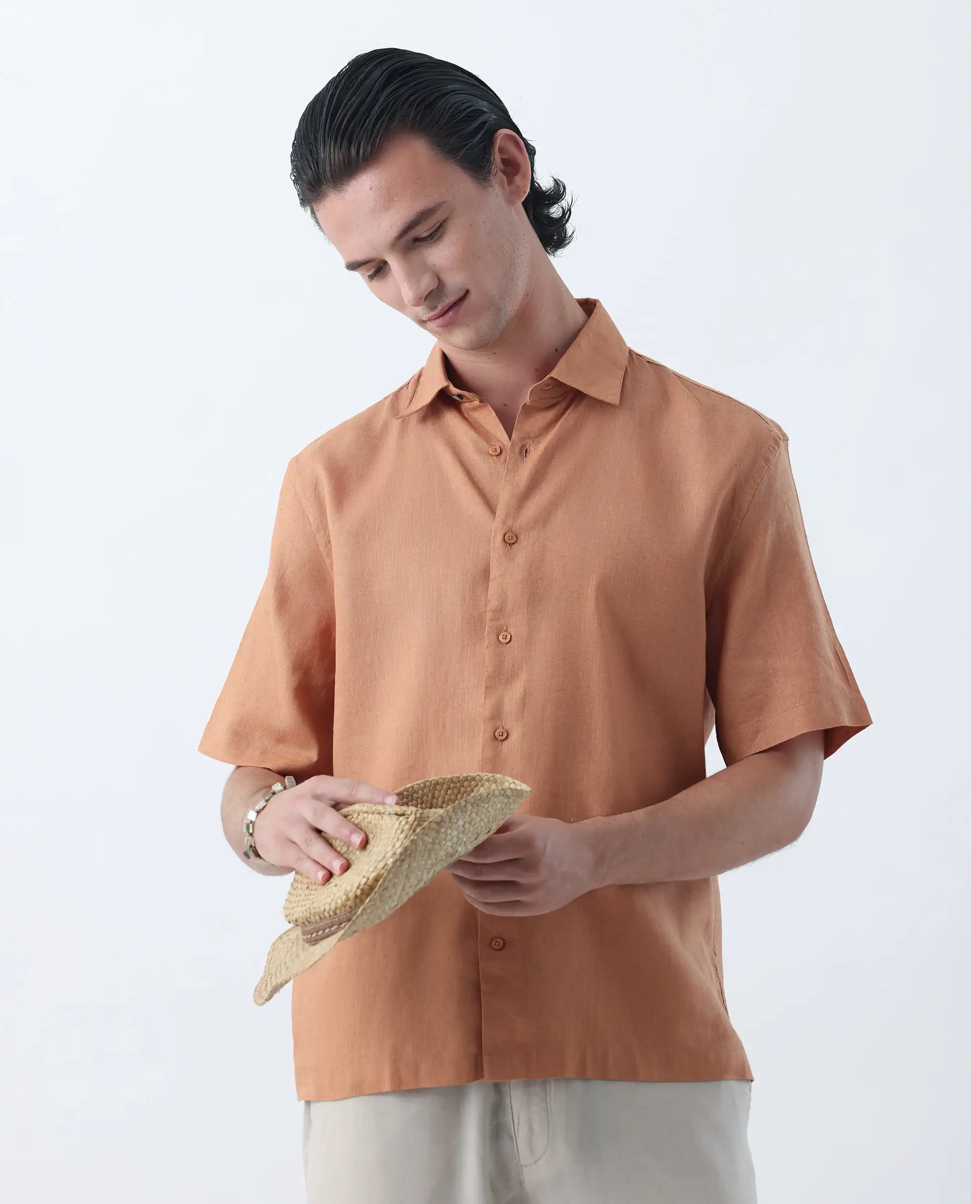 Rare Rabbit Men's Linex-1 Dusky Orange 100% Linen Plain Regular Fit Half Sleeve Collared Shirt - Image 2