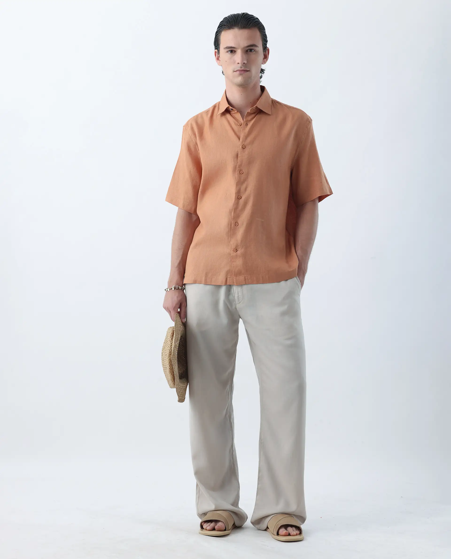 Rare Rabbit Men's Linex-1 Dusky Orange 100% Linen Plain Regular Fit Half Sleeve Collared Shirt - Image 3