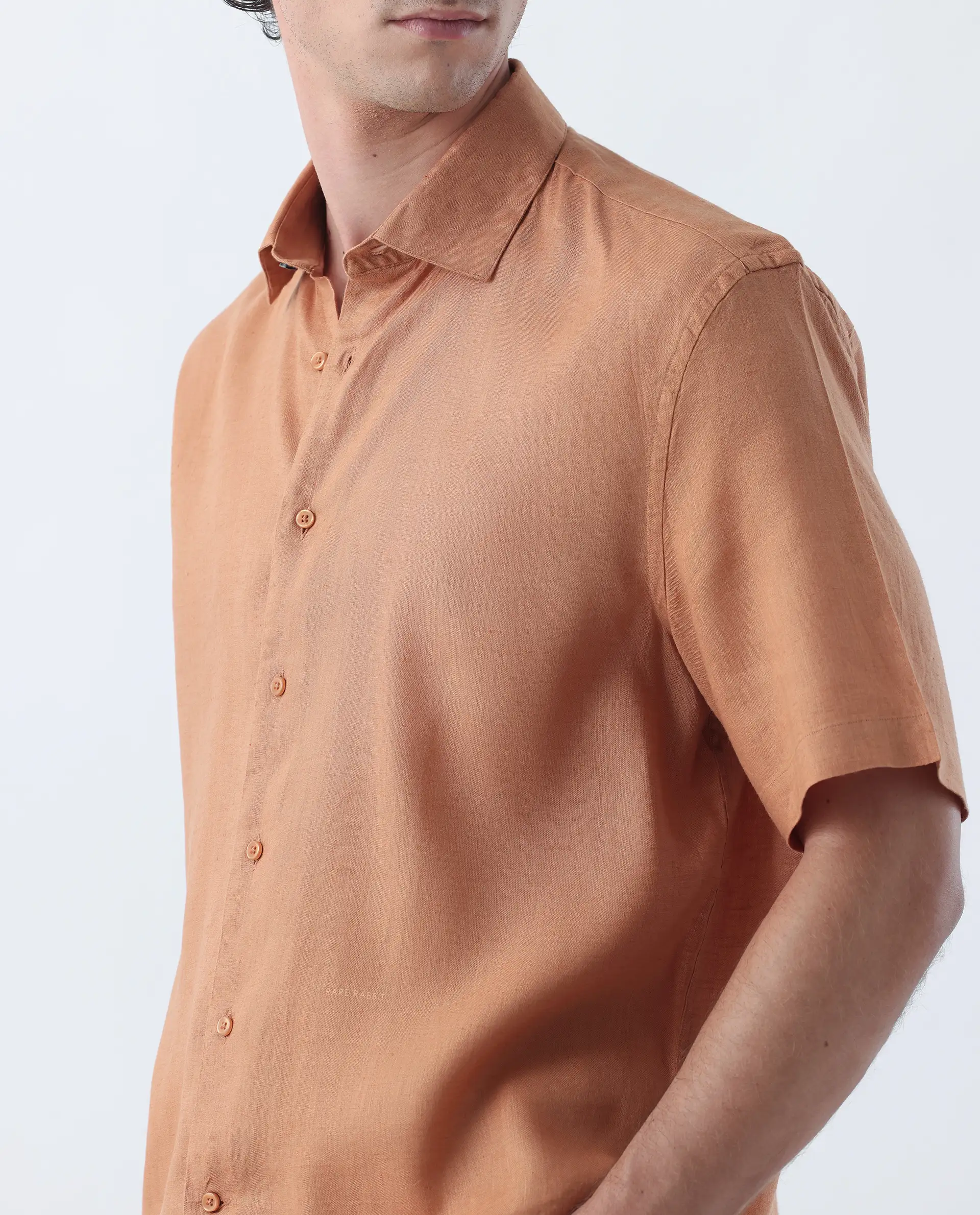 Rare Rabbit Men's Linex-1 Dusky Orange 100% Linen Plain Regular Fit Half Sleeve Collared Shirt - Image 4