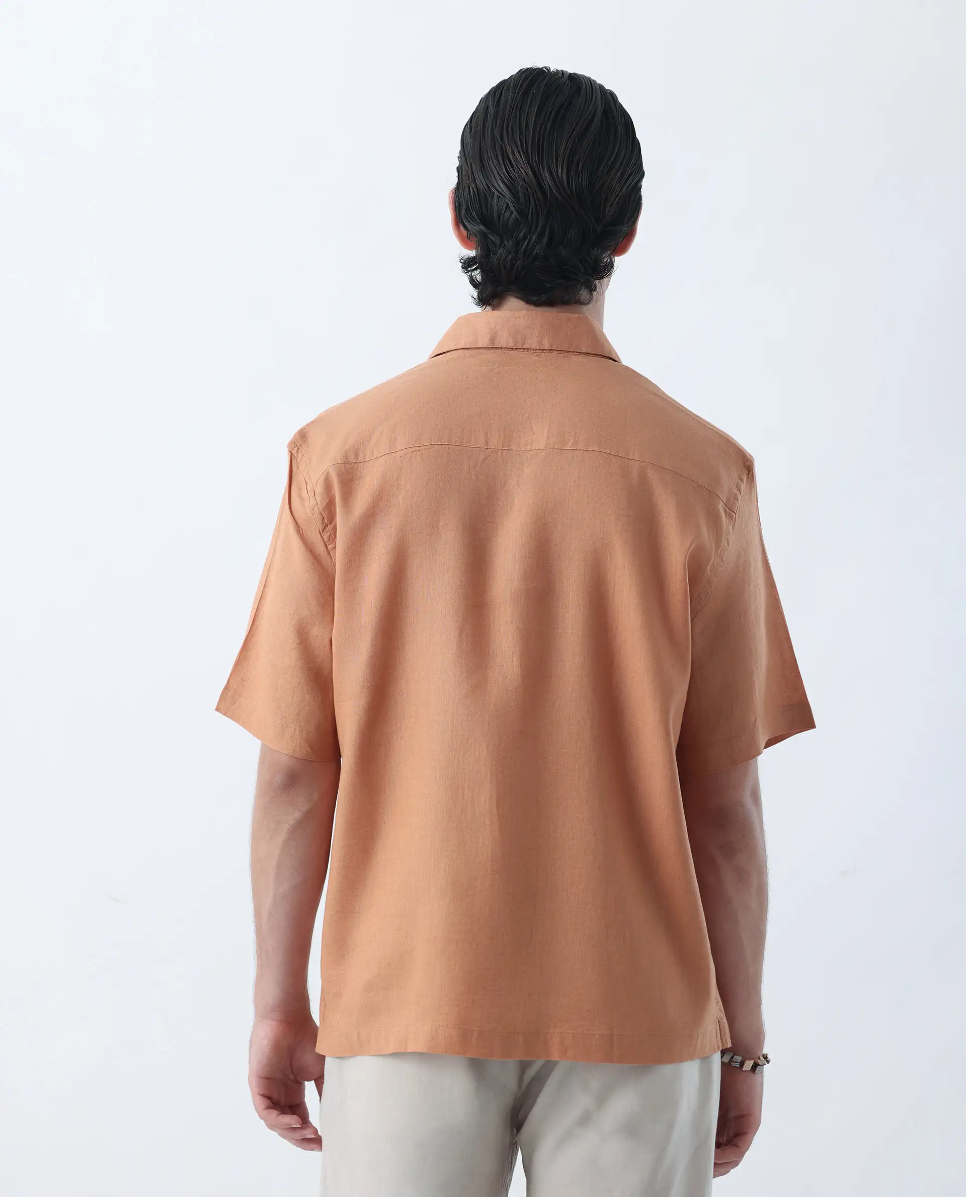 Rare Rabbit Men's Linex-1 Dusky Orange 100% Linen Plain Regular Fit Half Sleeve Collared Shirt - Image 5