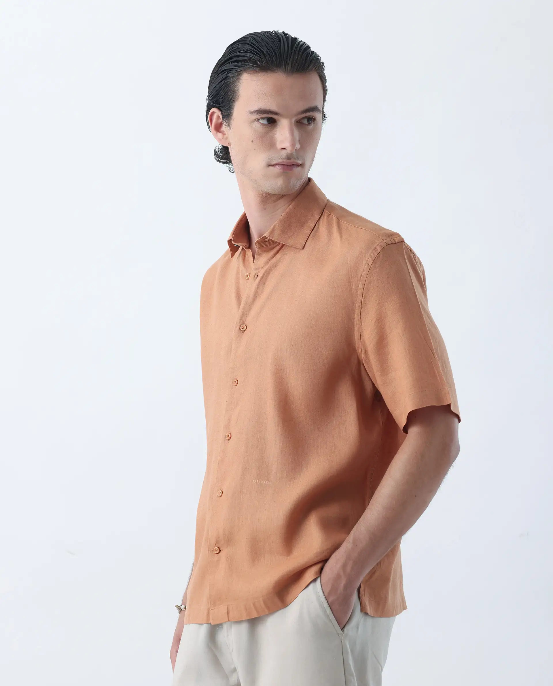 Rare Rabbit Men's Linex-1 Dusky Orange 100% Linen Plain Regular Fit Half Sleeve Collared Shirt - Image 6