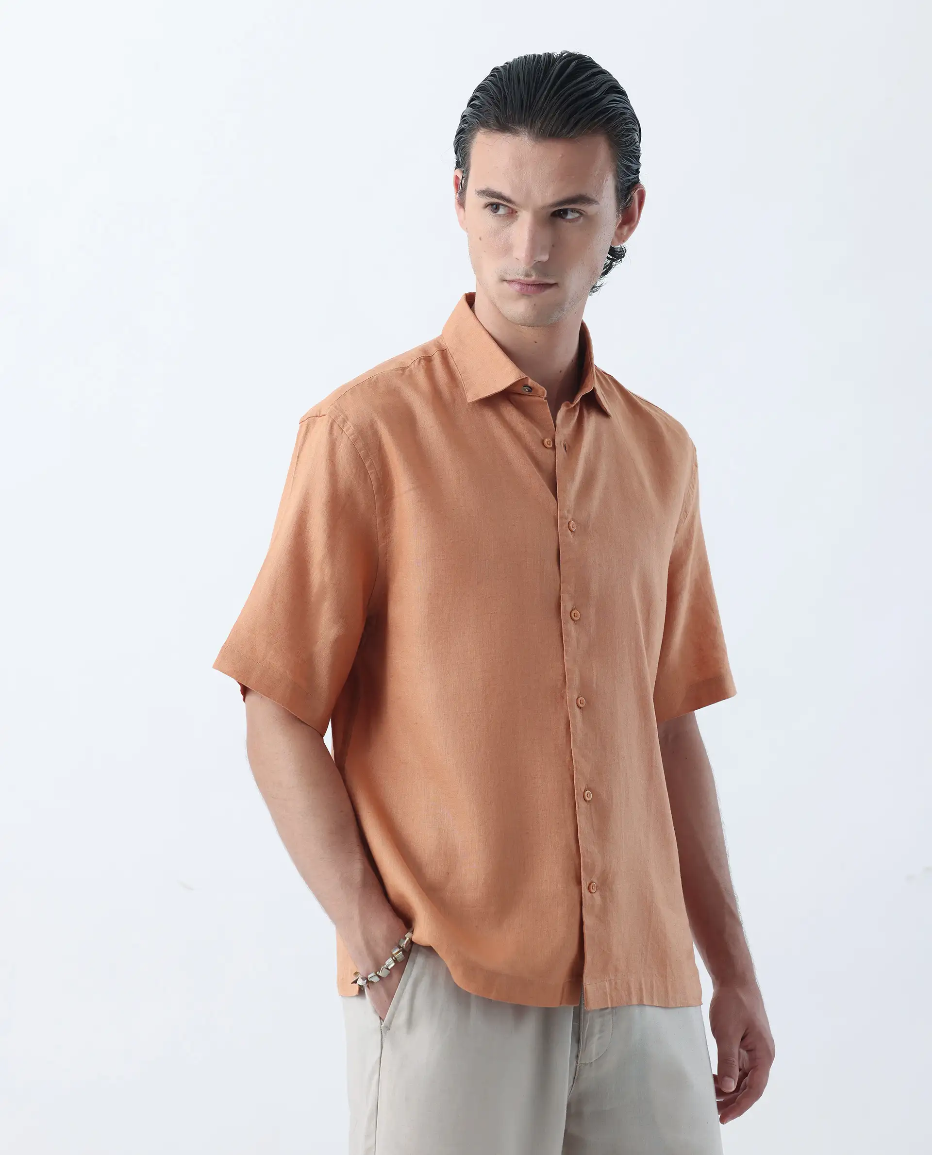 Rare Rabbit Men's Linex-1 Dusky Orange 100% Linen Plain Regular Fit Half Sleeve Collared Shirt - Image 7