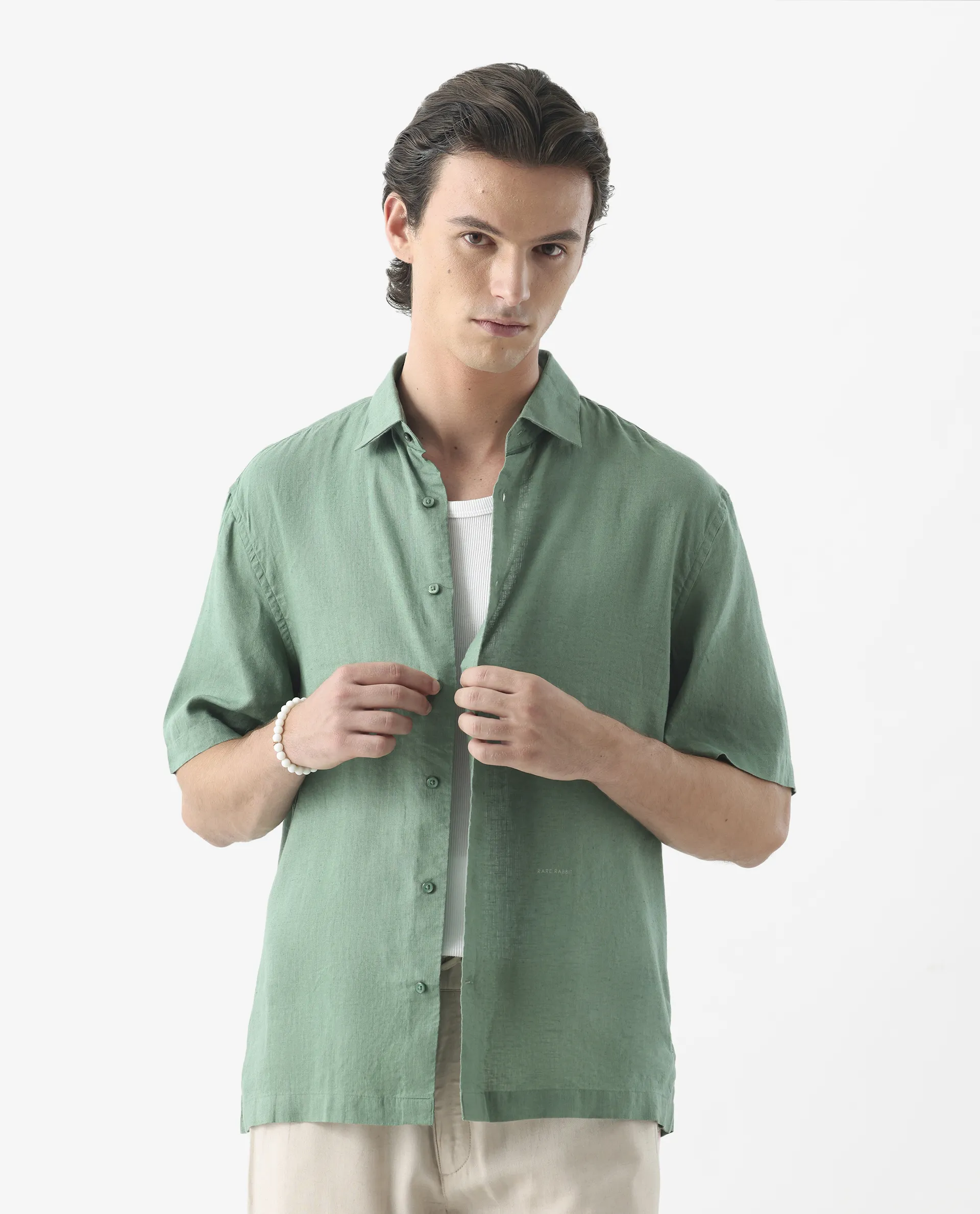 Rare Rabbit Men's Linex-1 Ss Light Green 100% Linen Plain Regular Fit Half Sleeve Collared Shirt - Image 2