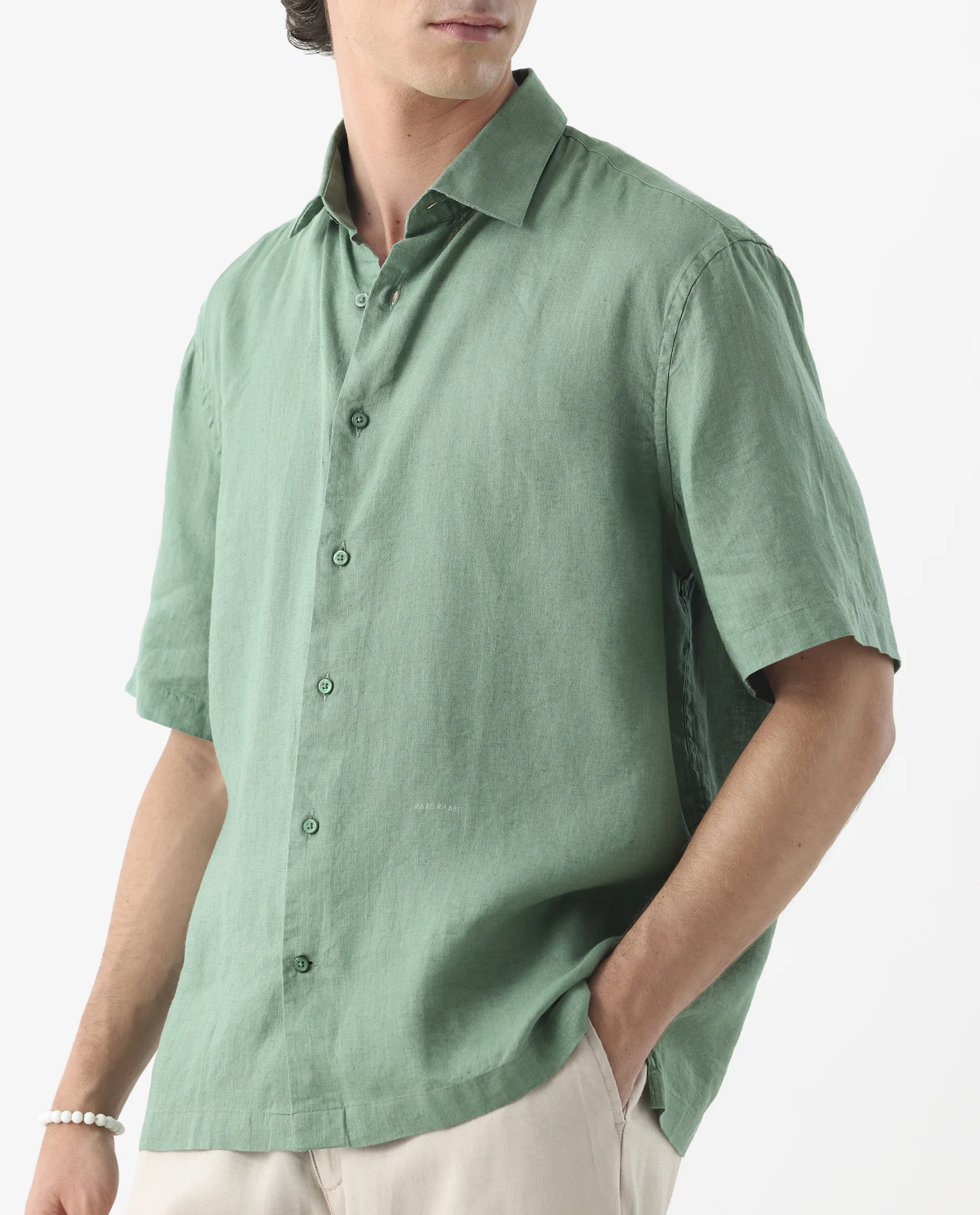 Rare Rabbit Men's Linex-1 Ss Light Green 100% Linen Plain Regular Fit Half Sleeve Collared Shirt - Image 3