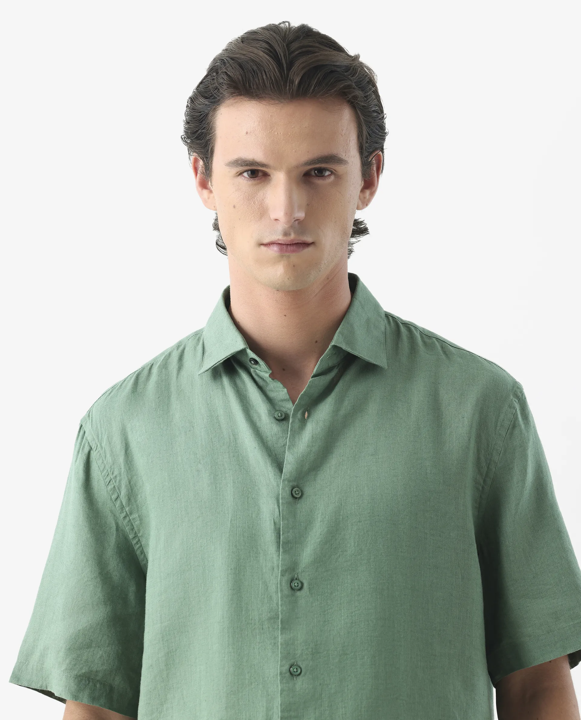Rare Rabbit Men's Linex-1 Ss Light Green 100% Linen Plain Regular Fit Half Sleeve Collared Shirt - Image 4