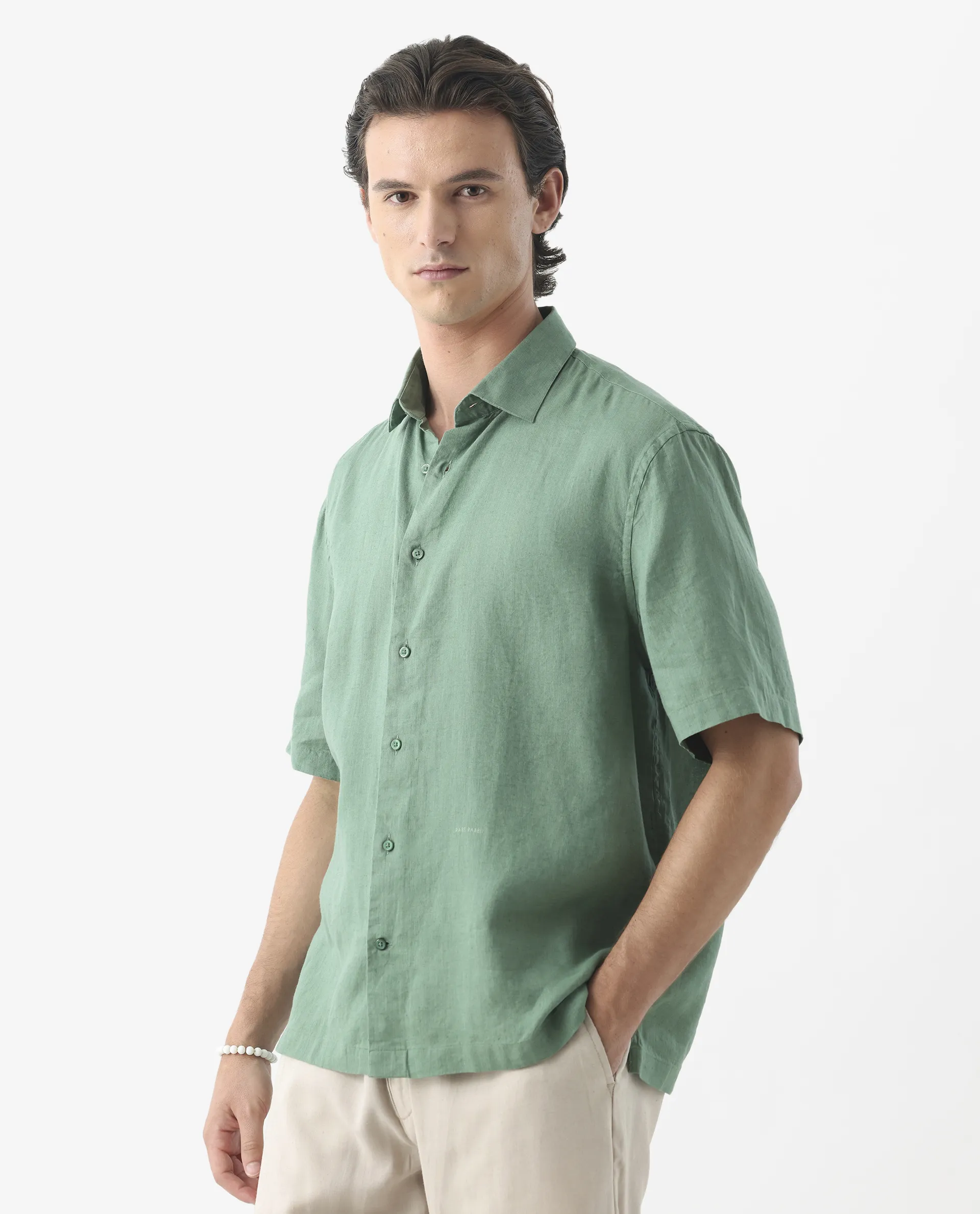 Rare Rabbit Men's Linex-1 Ss Light Green 100% Linen Plain Regular Fit Half Sleeve Collared Shirt - Image 5