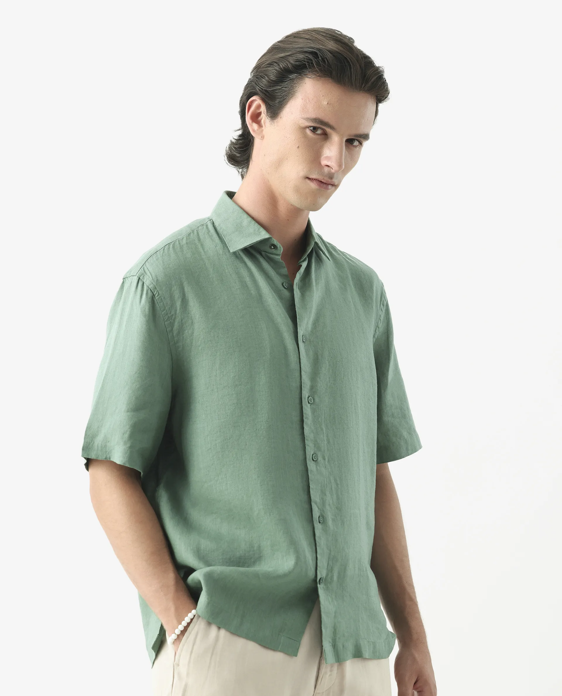 Rare Rabbit Men's Linex-1 Ss Light Green 100% Linen Plain Regular Fit Half Sleeve Collared Shirt - Image 6