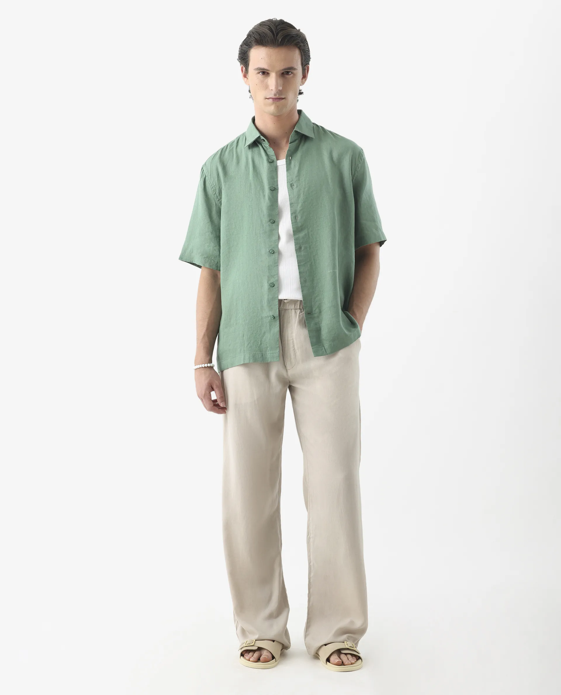 Rare Rabbit Men's Linex-1 Ss Light Green 100% Linen Plain Regular Fit Half Sleeve Collared Shirt - Image 7
