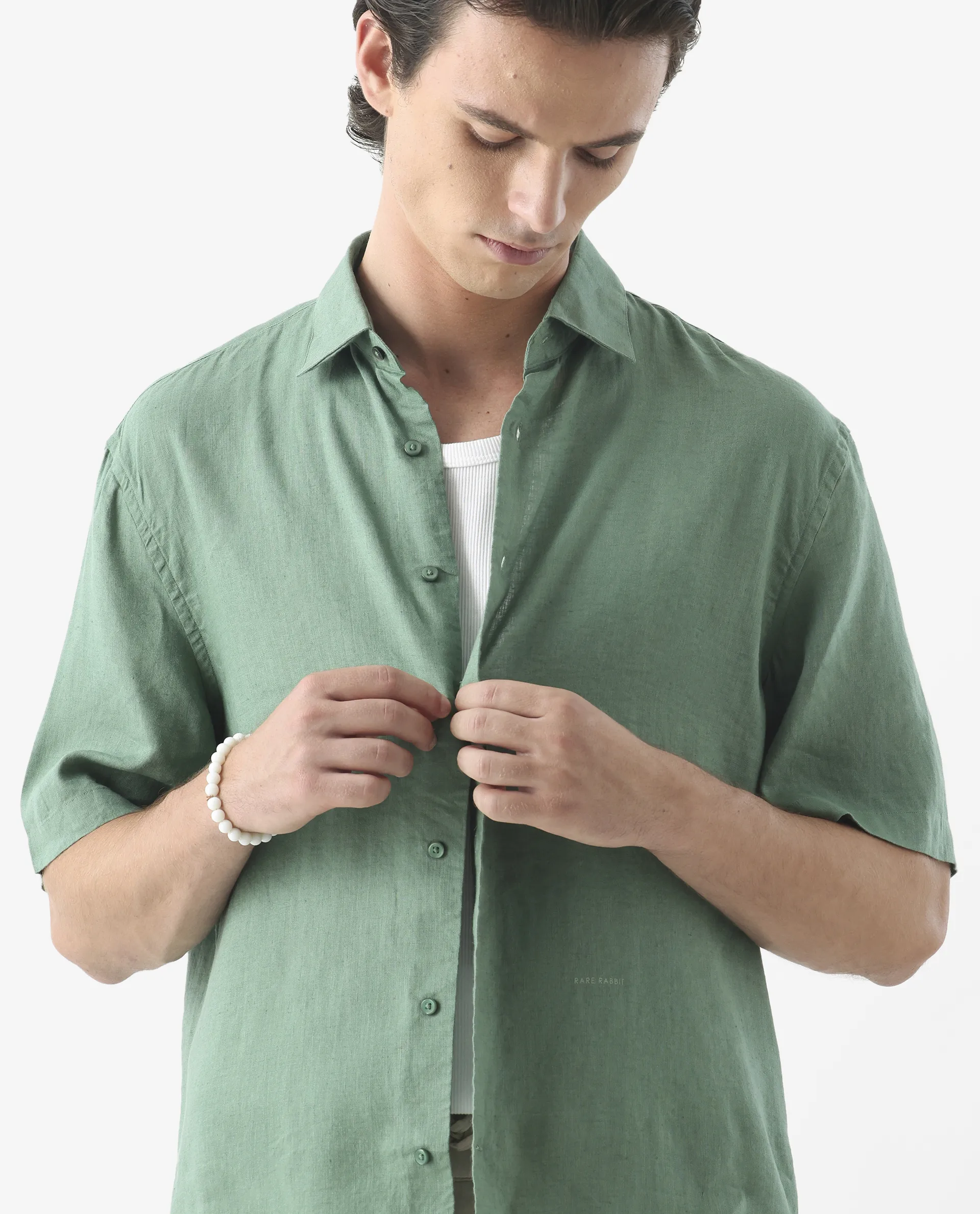 Rare Rabbit Men's Linex-1 Ss Light Green 100% Linen Plain Regular Fit Half Sleeve Collared Shirt - Image 9