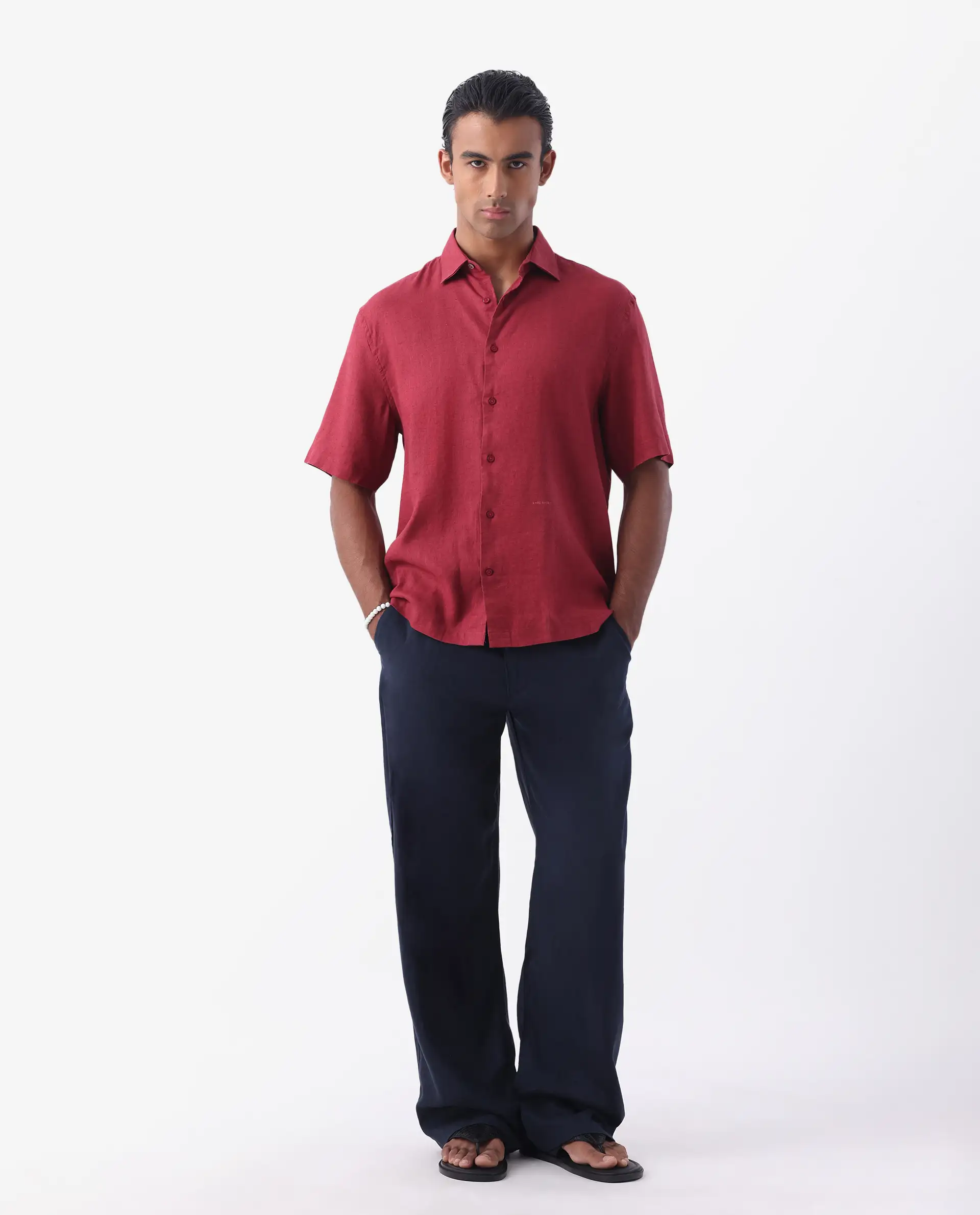 Rare Rabbit Men's Linex-1 Ss Red 100% Linen Plain Regular Fit Half Sleeve Collared Shirt - Image 2