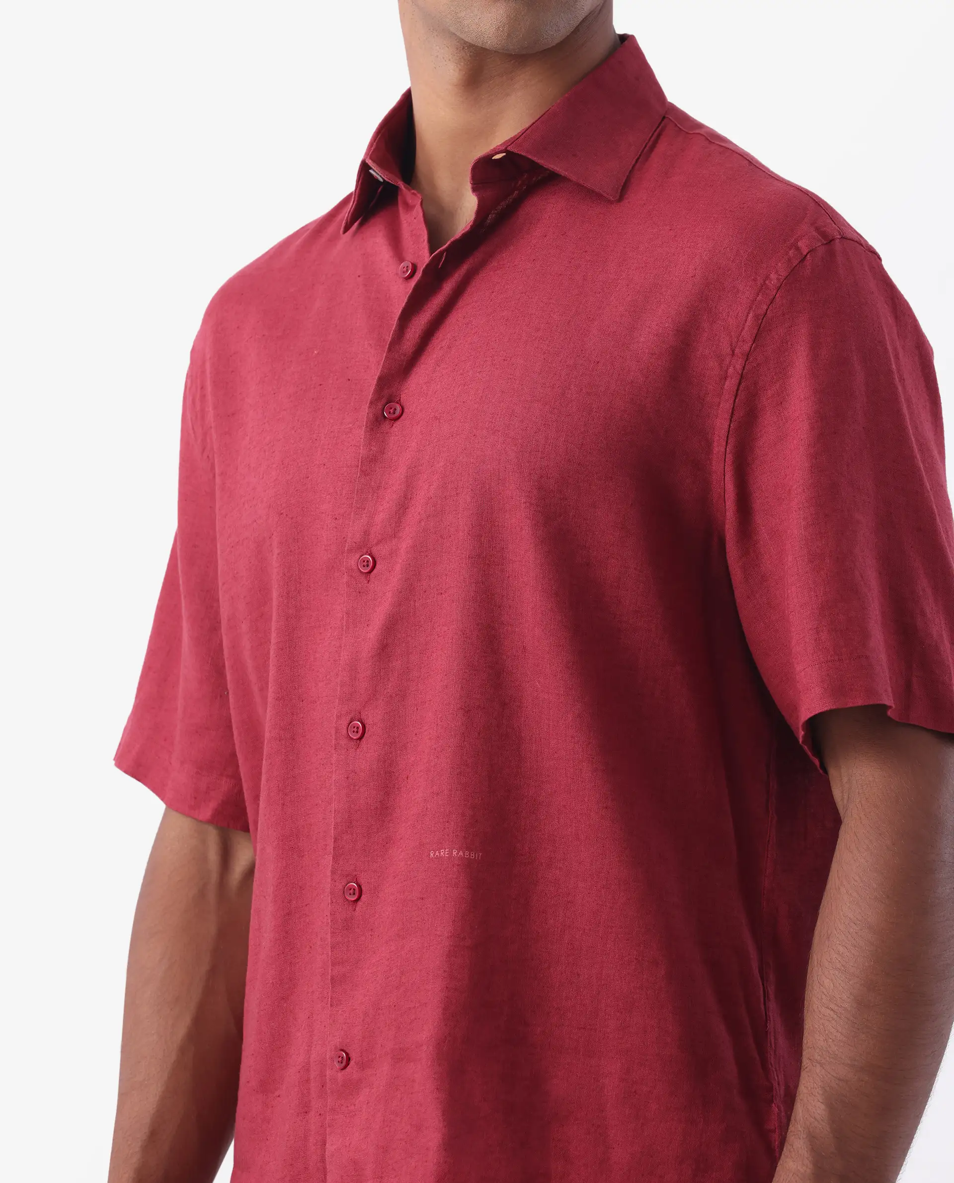 Rare Rabbit Men's Linex-1 Ss Red 100% Linen Plain Regular Fit Half Sleeve Collared Shirt - Image 3