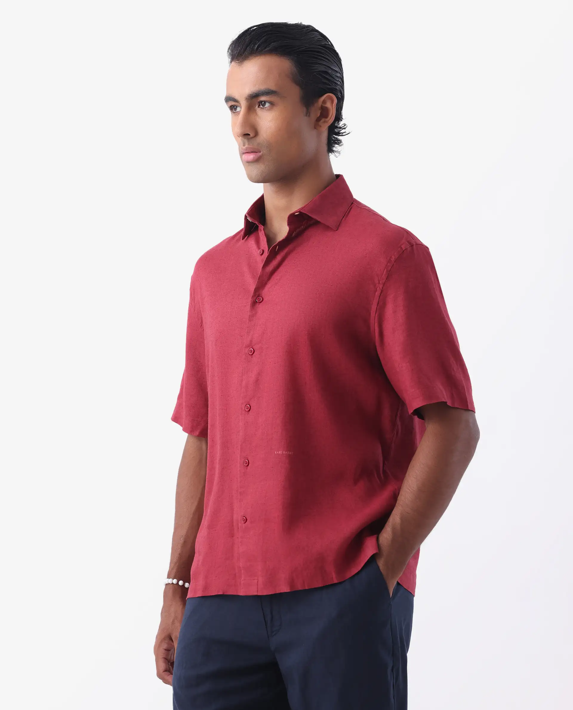 Rare Rabbit Men's Linex-1 Ss Red 100% Linen Plain Regular Fit Half Sleeve Collared Shirt - Image 5