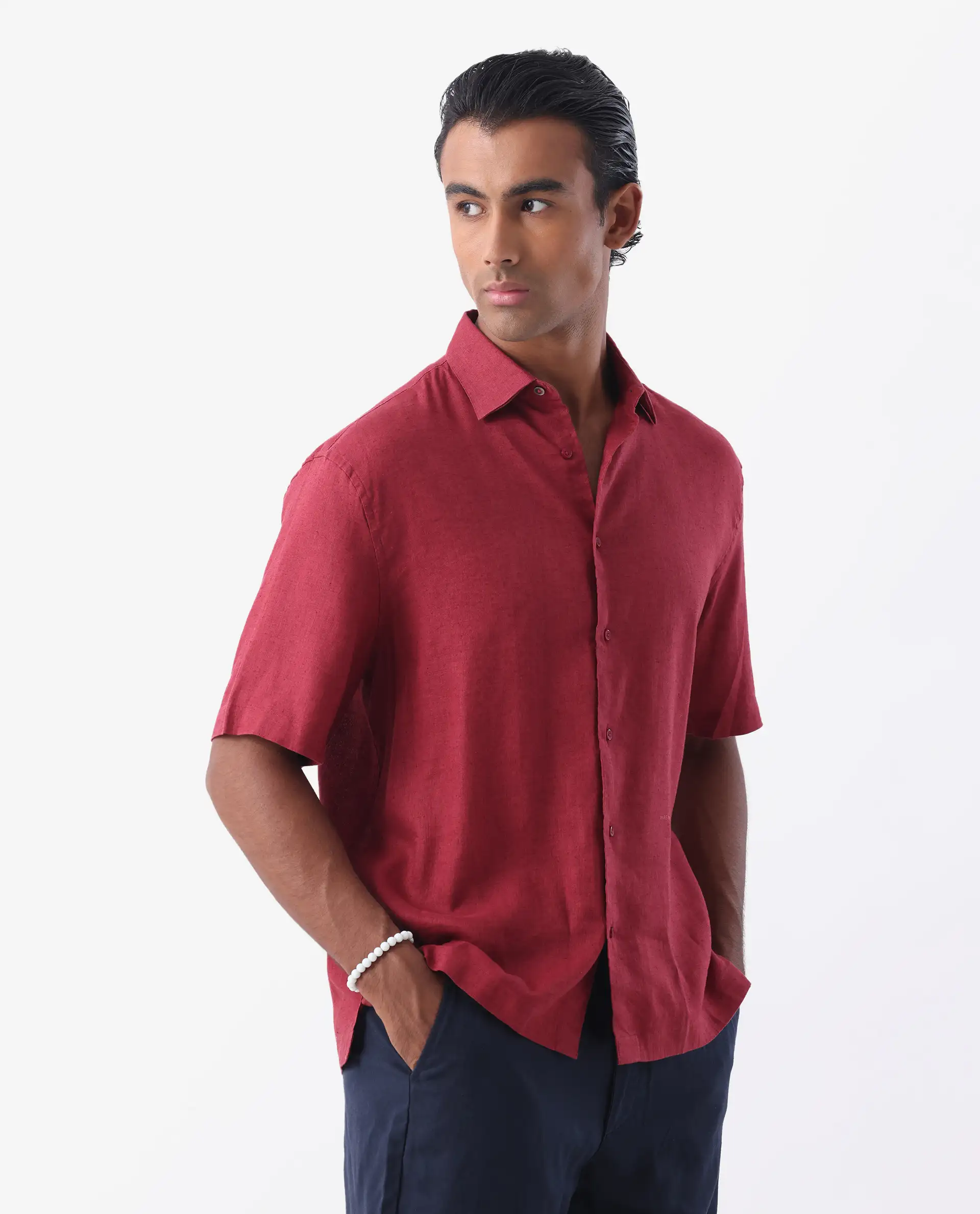 Rare Rabbit Men's Linex-1 Ss Red 100% Linen Plain Regular Fit Half Sleeve Collared Shirt - Image 6
