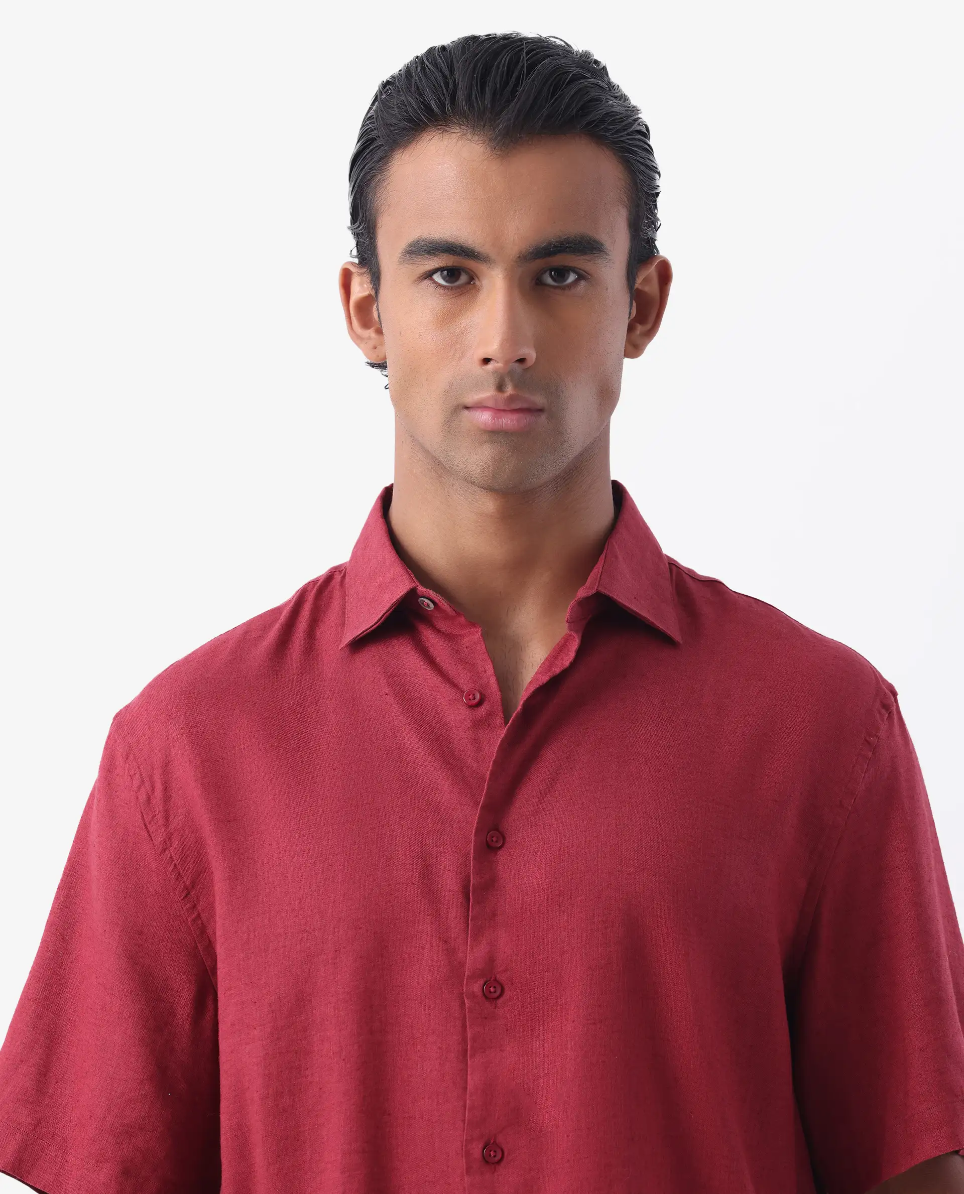 Rare Rabbit Men's Linex-1 Ss Red 100% Linen Plain Regular Fit Half Sleeve Collared Shirt - Image 7