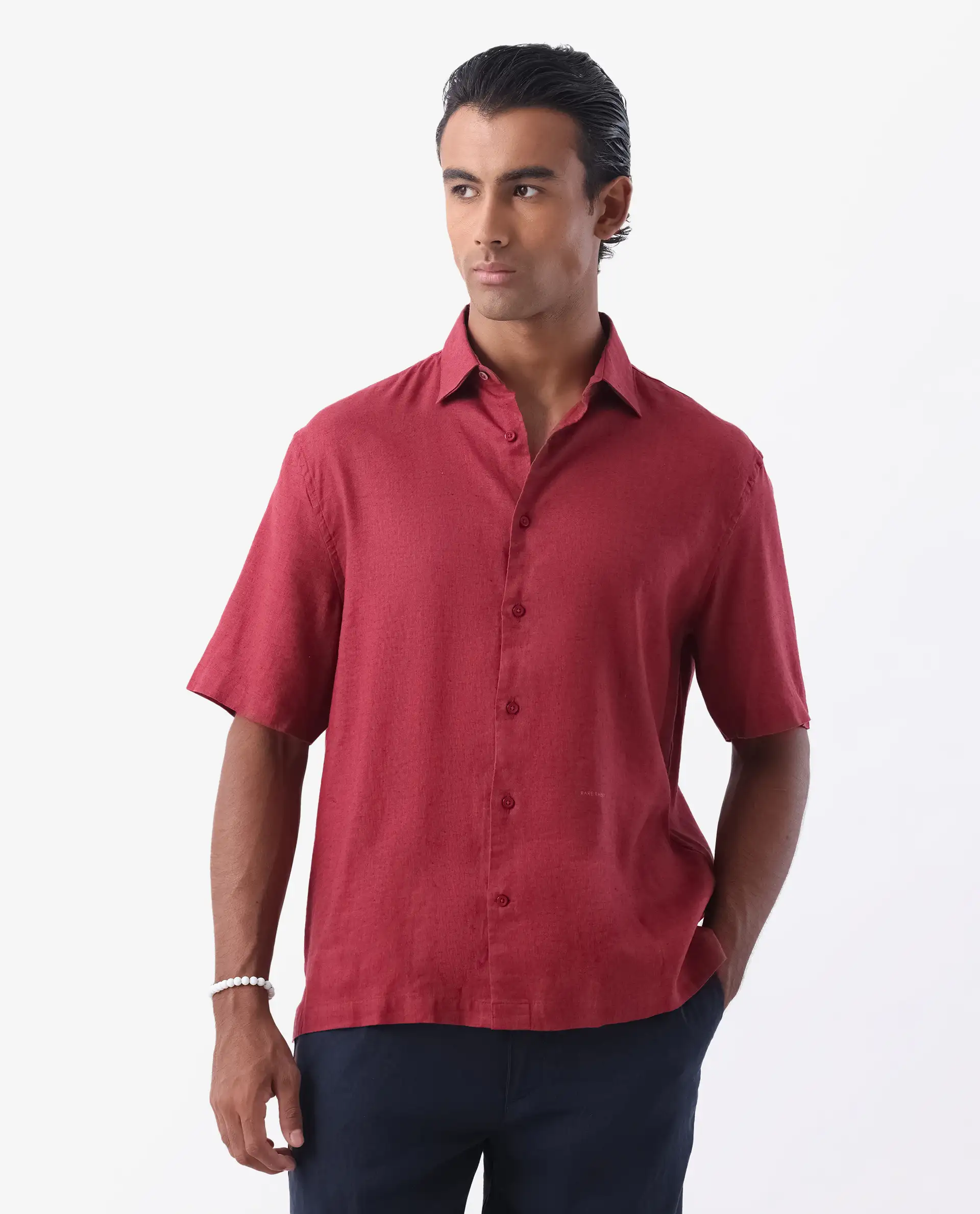 Rare Rabbit Men's Linex-1 Ss Red 100% Linen Plain Regular Fit Half Sleeve Collared Shirt - Image 8