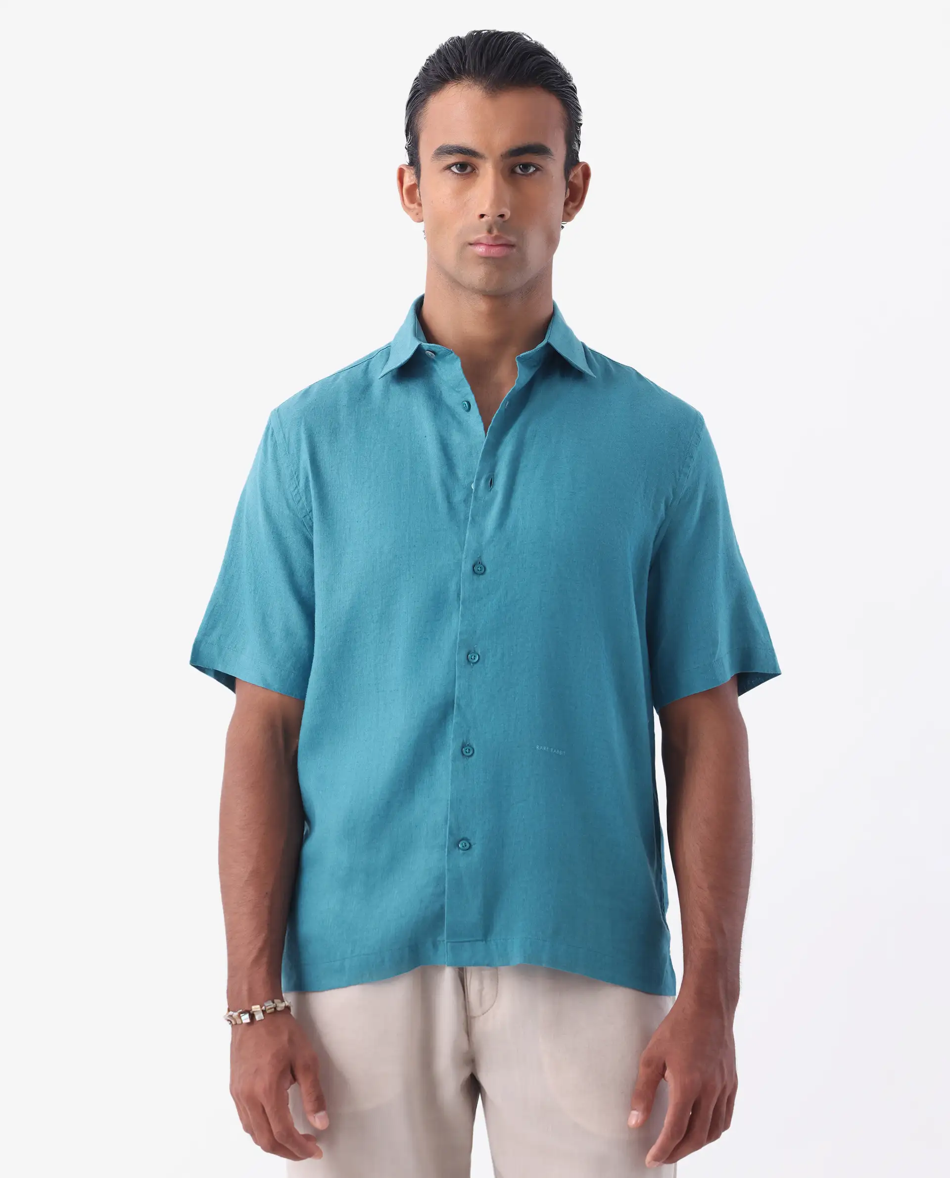 Rare Rabbit Men's Linex-1 Ss Turq 100% Linen Plain Regular Fit Half Sleeve Collared Shirt - Image 2